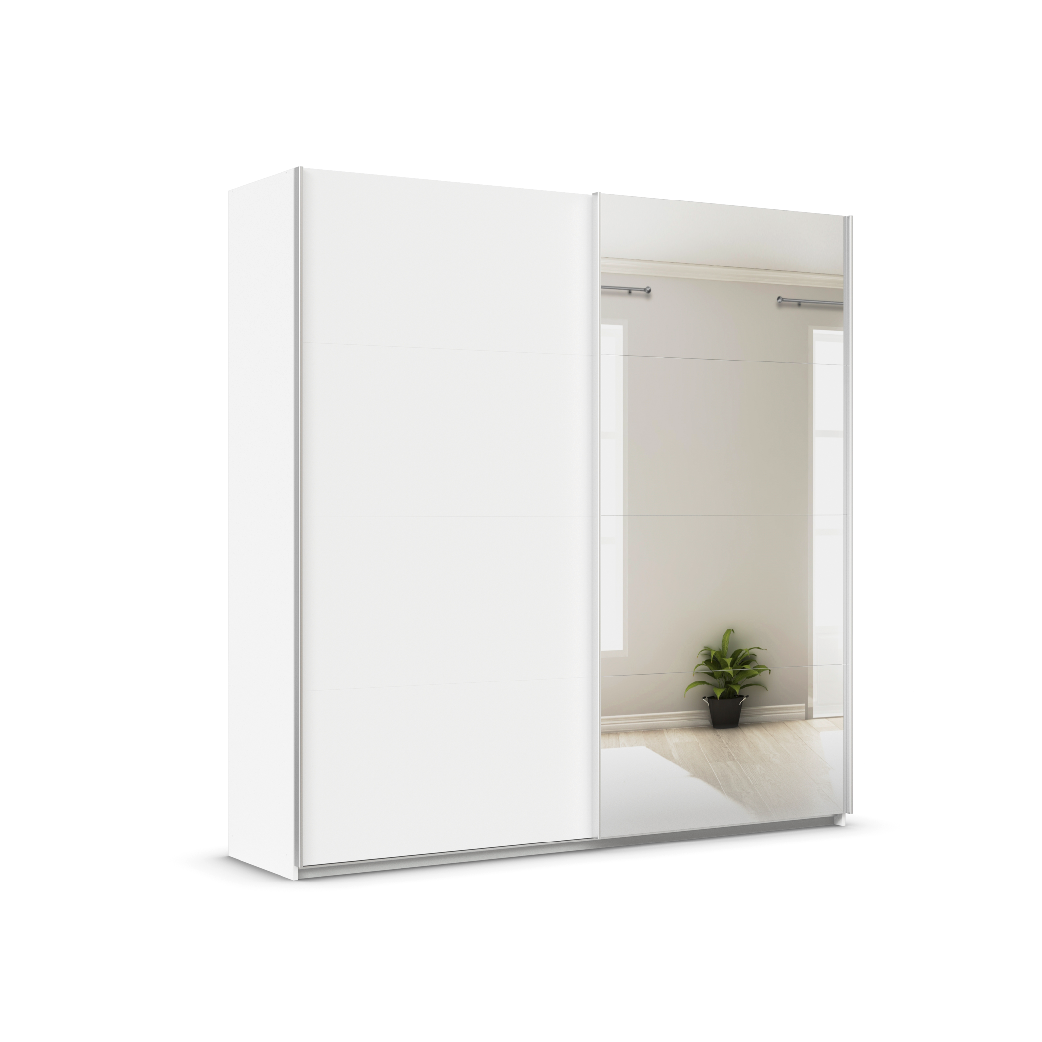 rauch ORANGE Quadra Schwebetürenschrank mit Spiegelelementen (Premium-Zubehör, Korpus Weiß, 226 x 230 cm)