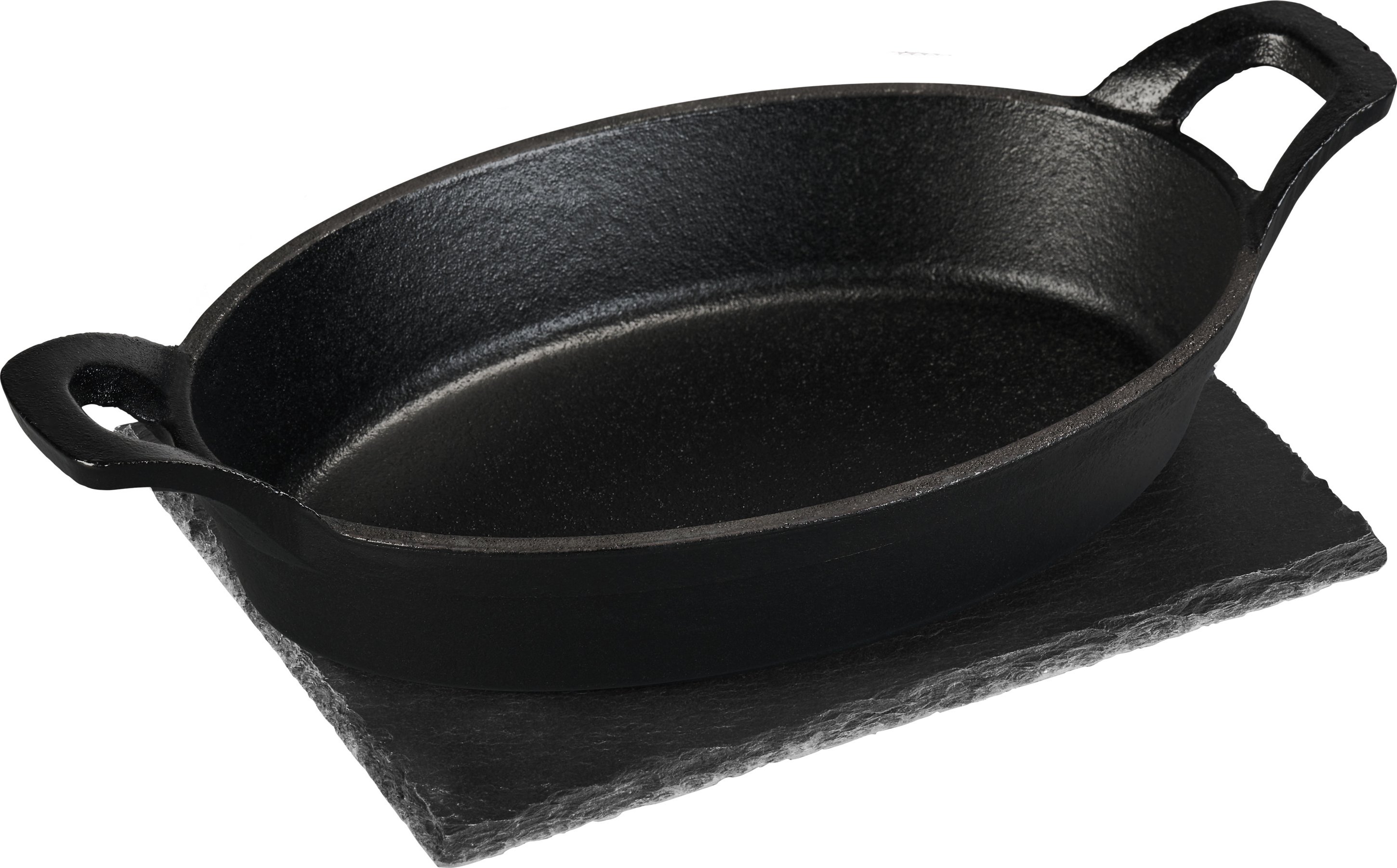 GRILLMEISTER Servierpfanne Gusseisen mit Schieferplatte / Hamburgerpresse Gusseisen (Mini-Pfanne oval)