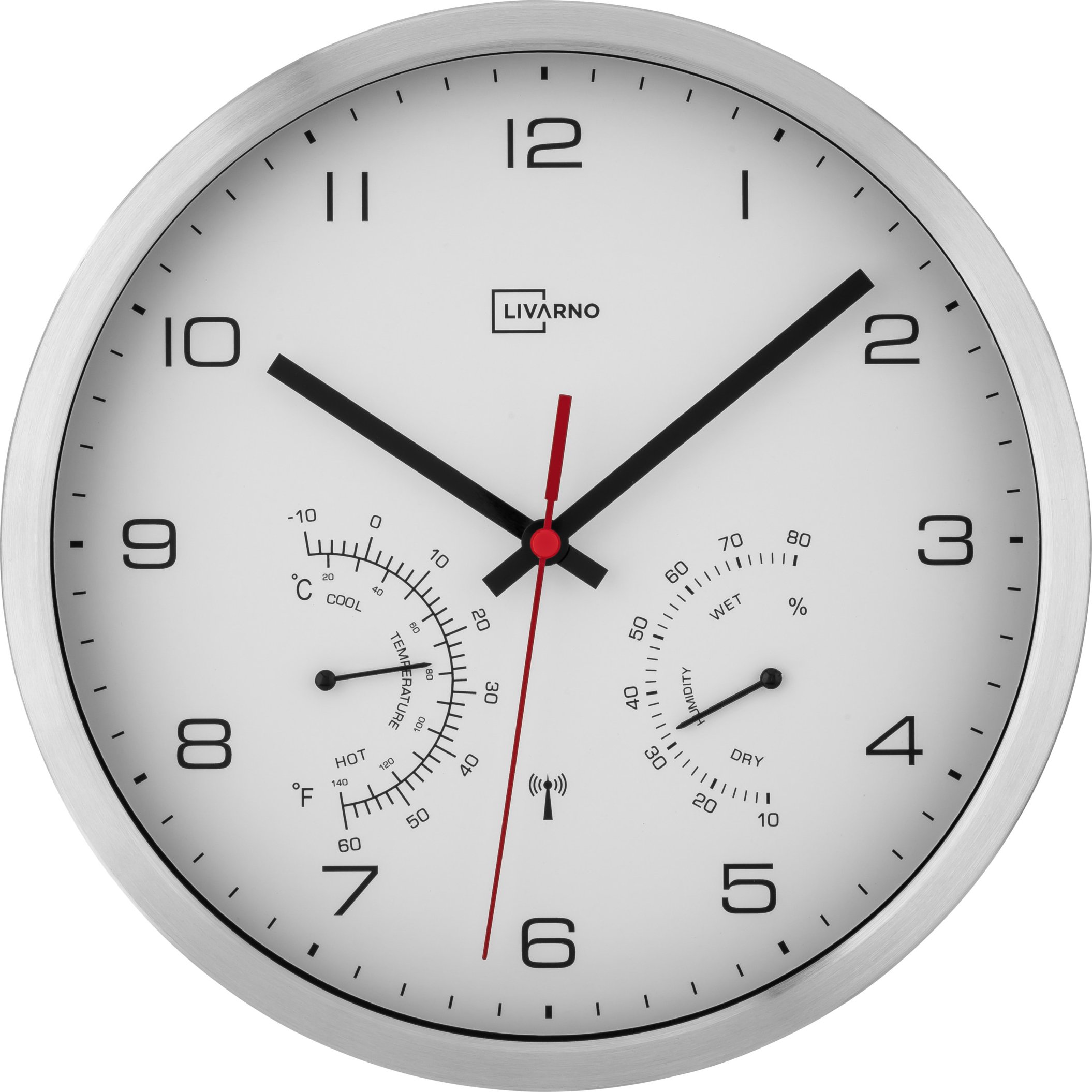 LIVARNO home Aluminium Funkwanduhr mit Thermometer und Hygrometer (silber/weiß)
