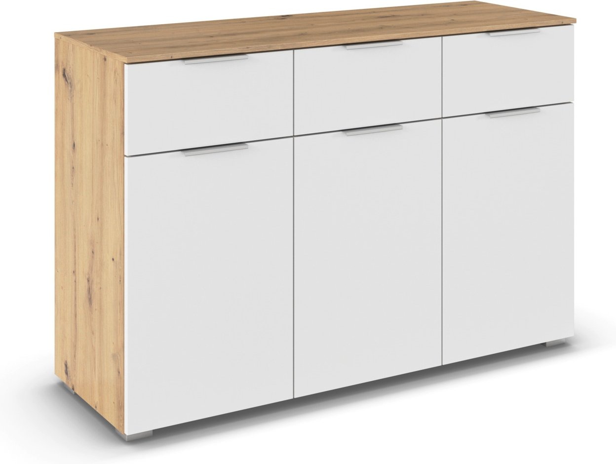 rauch ORANGE Alabama Kommode (3-türig, 3 Schubladen, Weiß/Eiche Artisan, 120 x 81 cm)