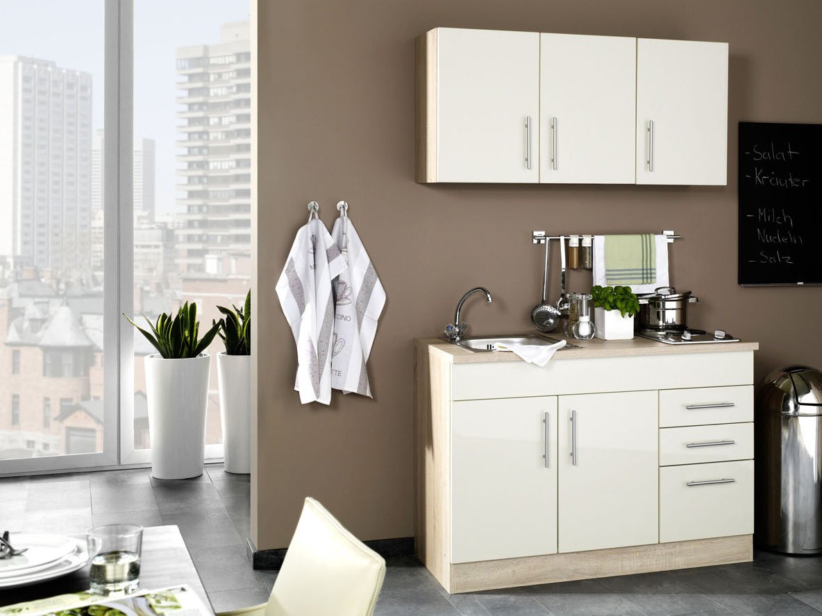 HELD Single Küche Torino 100/120/160/180/190/210cm (Hochglanz-Creme / Eiche-Sonoma, Breite 120cm)