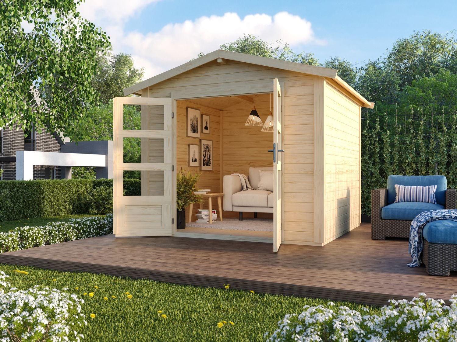 Karibu Carlos Satteldach Gartenhaus (inkl. Boden und Schindeln, naturbelassen, B 244 x H 230 x T 244)