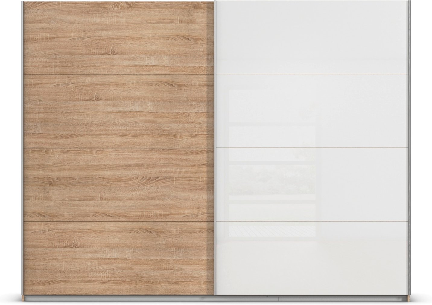 rauch ORANGE Quadra Schwebetürenschrank mit Glaselementen (Premium-Zubehör, Korpus:Eiche, Glas:Weiß, 271 x 210 cm)