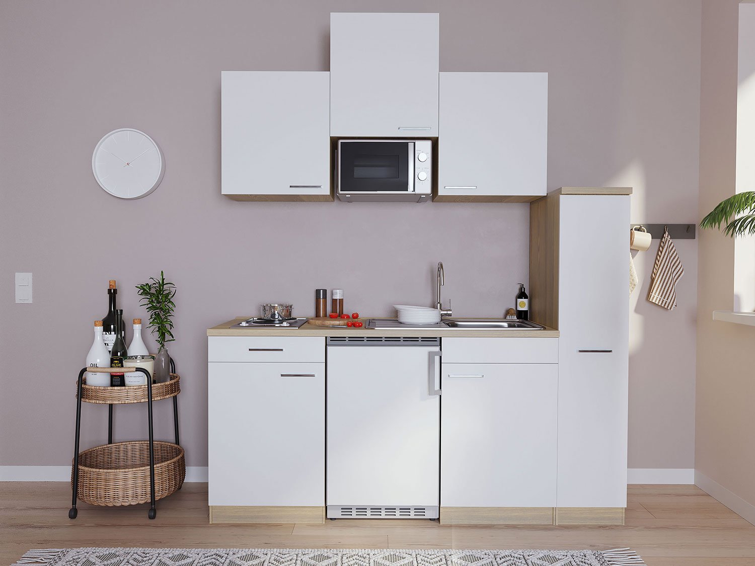 Respekta Singleküche Eiche Sonoma Sägerau 150/160/180cm (mit Mikrowelle, weiß mit Kochmulde, Breite 180cm)