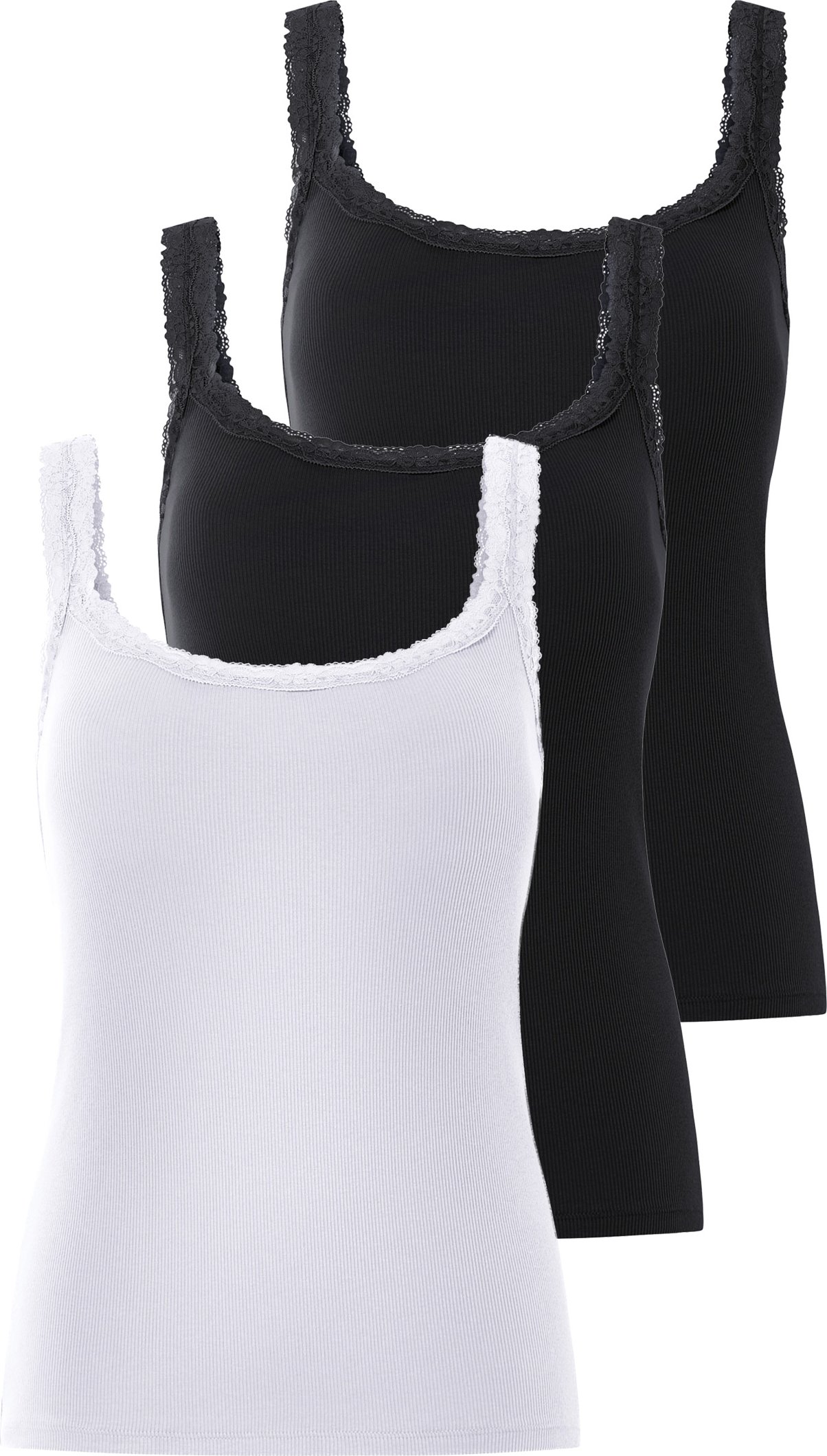 Thumbnail - esmara® Damen Top Rippe mit Spitze, 3 Stück (Schwarz/weiß, XL(48/50))