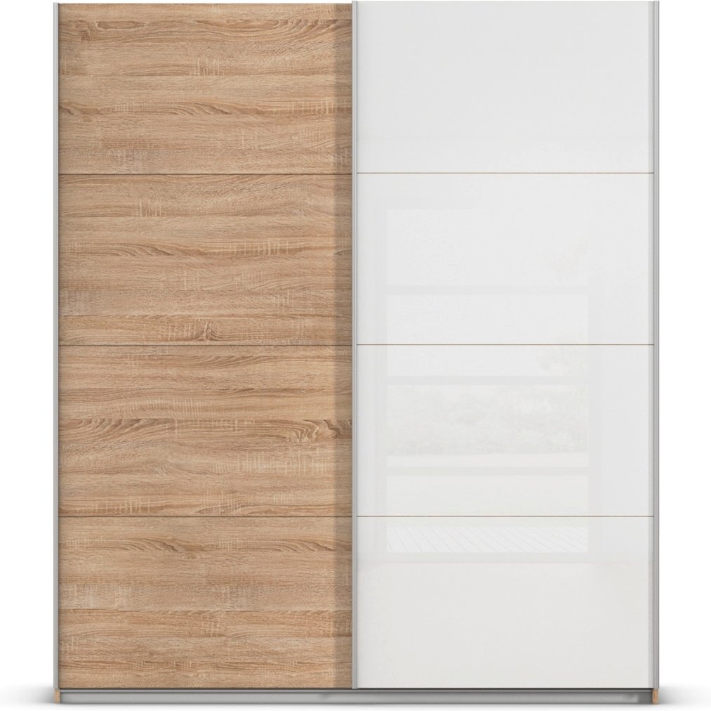 rauch ORANGE Quadra Schwebetürenschrank mit Glaselementen (Premium-Zubehör, Korpus:Eiche, Glas:Weiß, 181 x 210 cm)