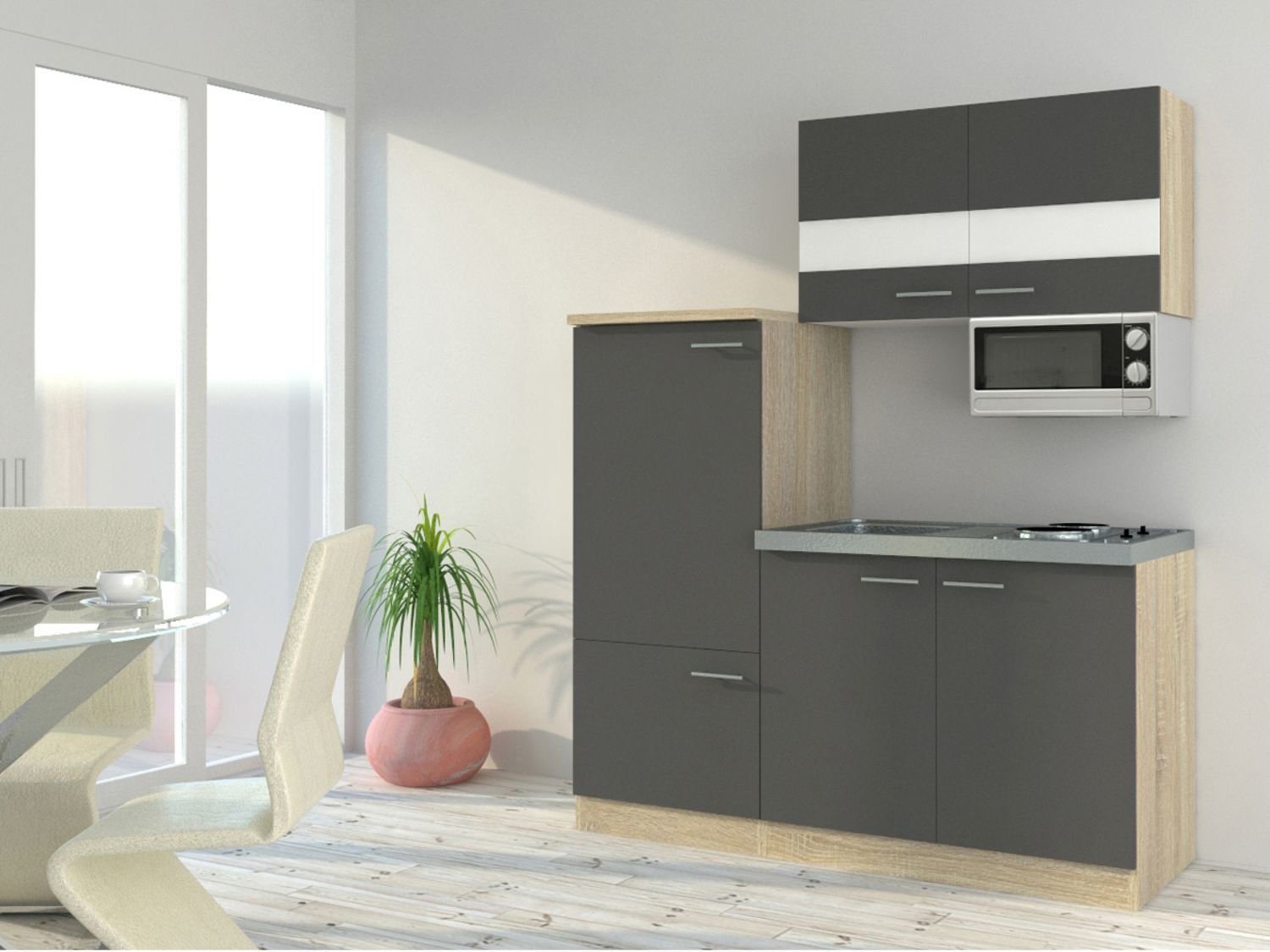 Respekta Singleküche Eiche Sonoma Sägerau 150/160/180cm (mit Mikrowelle, grau mit Kochmulde, Breite 160cm)