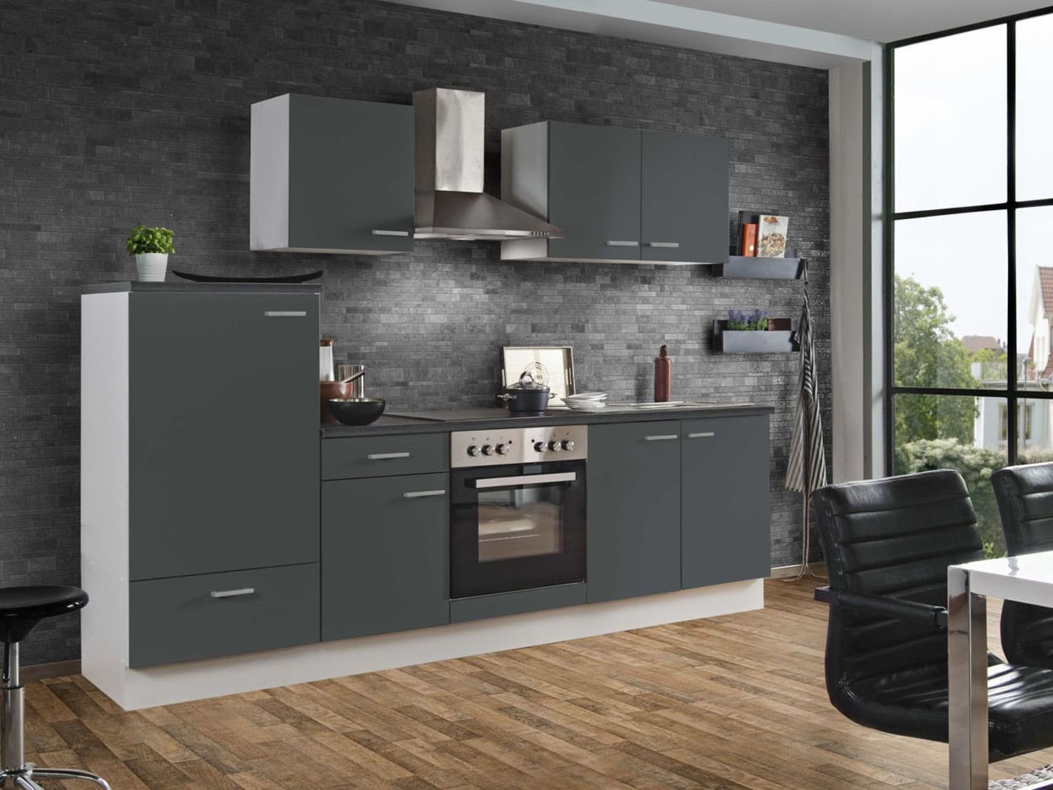 Menke Küchenzeile "Classic" 270/280/300/310 cm (ohne Geschirrspüler, Bordstein, Anthrazit, 270 cm)