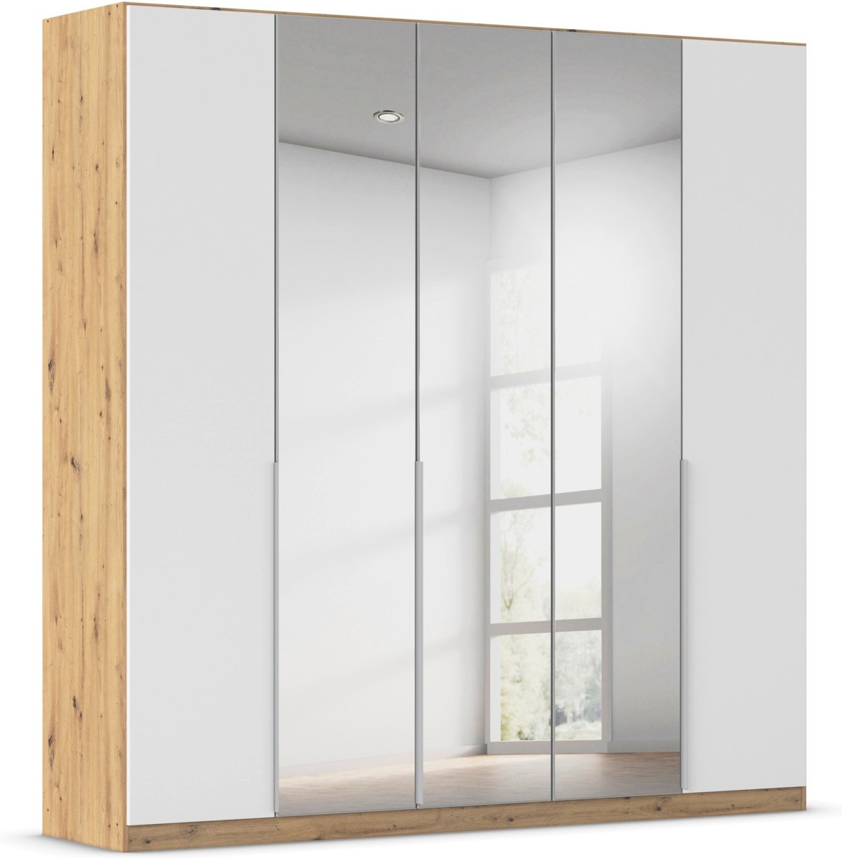 rauch ORANGE Drehtürenschrank Alabama mit Spiegel (Premium-Zubehör, Weiß/Eiche Artisan, Griffe Alu, 226 x 229 cm)