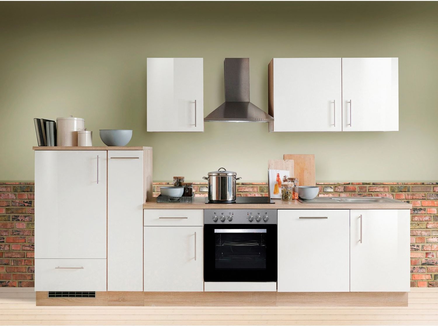 Menke Küchenblock Premium 270/280/300/310cm (mit Geschirrspüler, 300 cm / Weiss glanz, frei Verwendungsstelle)