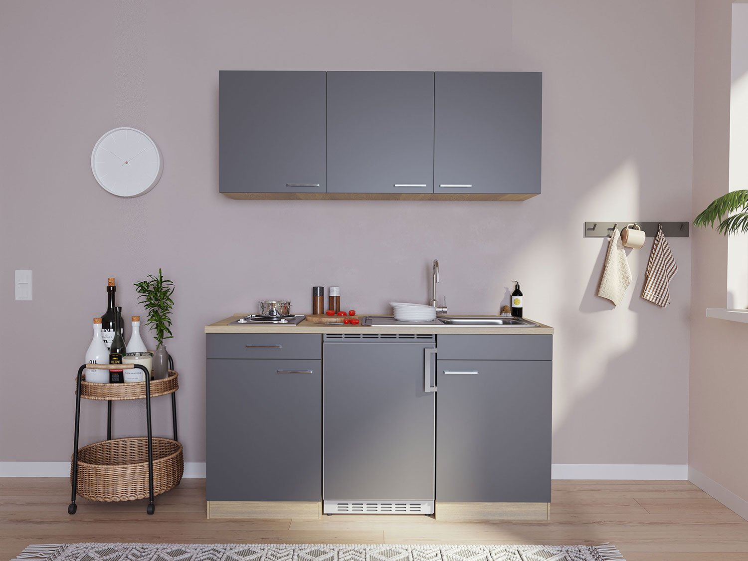 Respekta Singleküche Eiche Sonoma Sägerau 150/160/180cm (ohne Mikrowelle, grau mit Kochmulde, Breite 150cm)