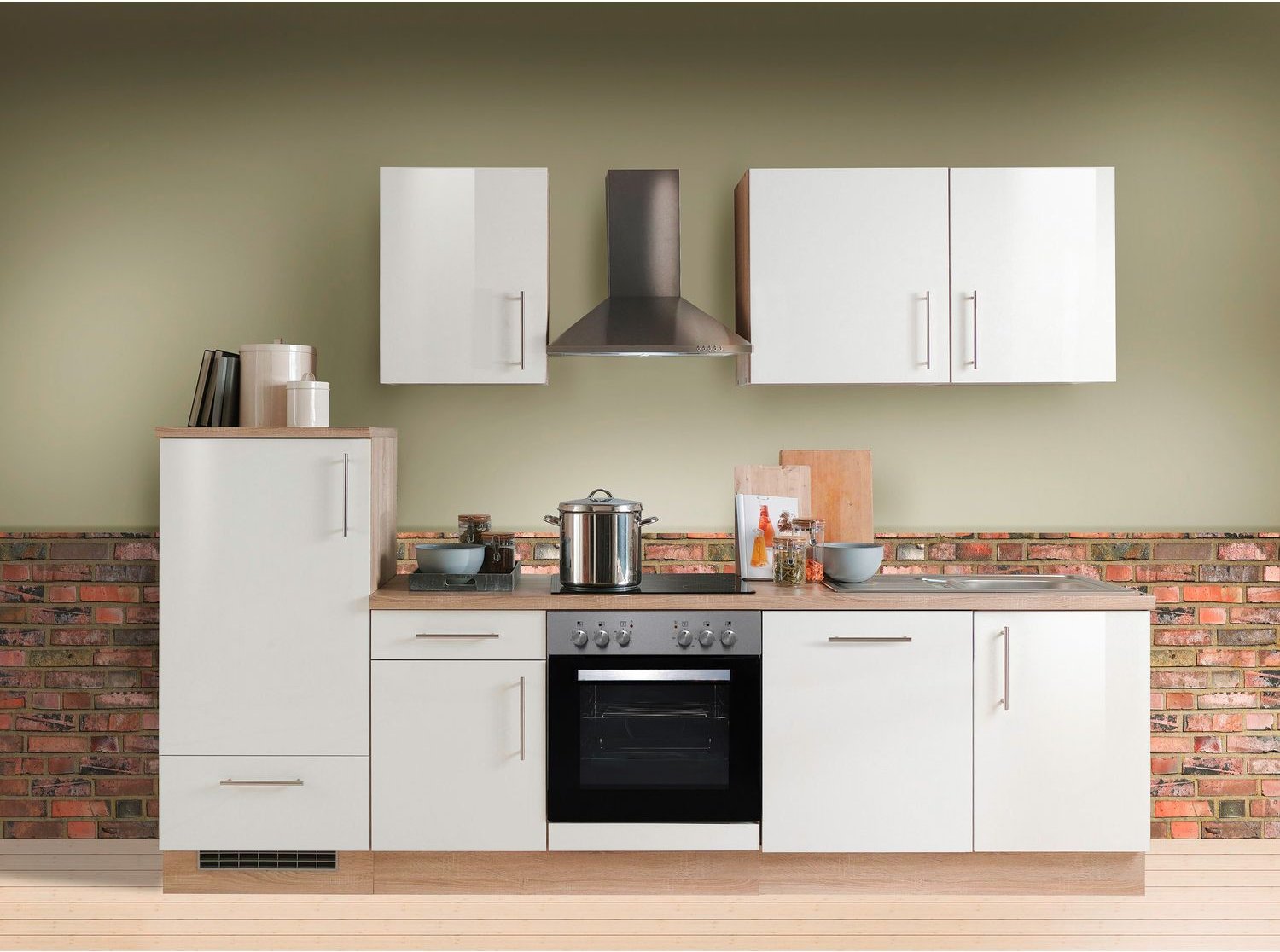 Menke Küchenblock Premium 270/280/300/310cm (mit Geschirrspüler, 280 cm / Weiss glanz, Frei Bordsteinkante)