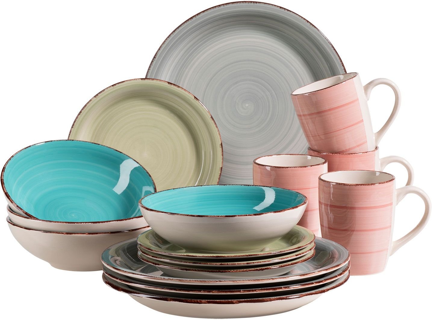 MÄSER Serie Lumaca, Kombiservice 16-tlg, Keramik Geschirr-Set (Laguna, Rauchblau, Koralle)