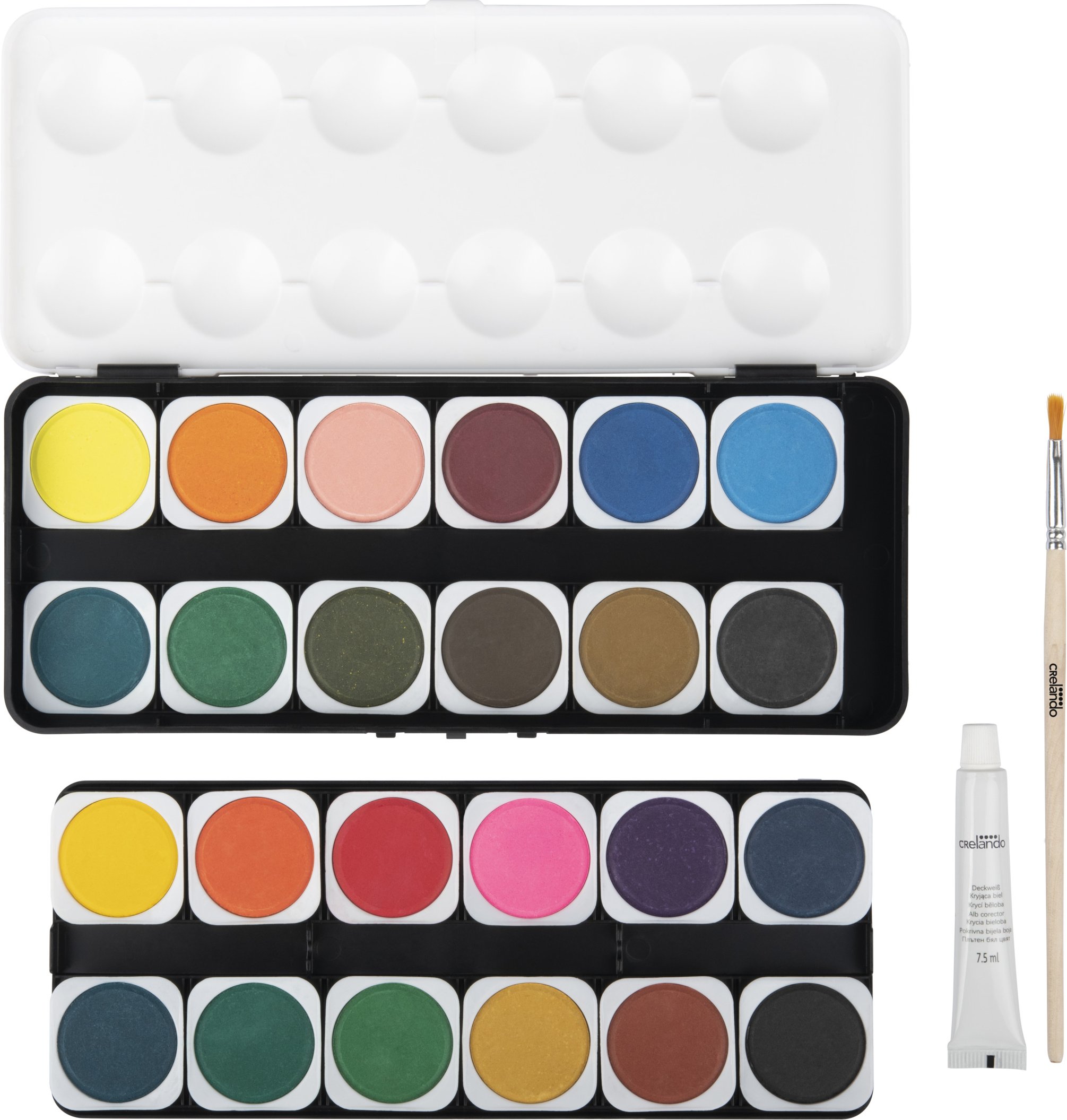 crelando® Deckfarbkasten, mit Deckweiß und Naturholzpinsel