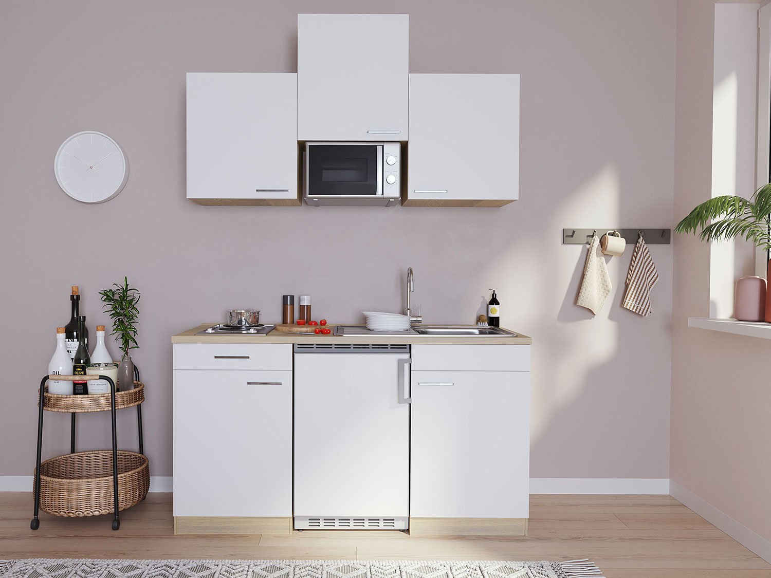 Respekta Singleküche Eiche Sonoma Sägerau 150/160/180cm (mit Mikrowelle, weiß mit Kochmulde, Breite 150cm)