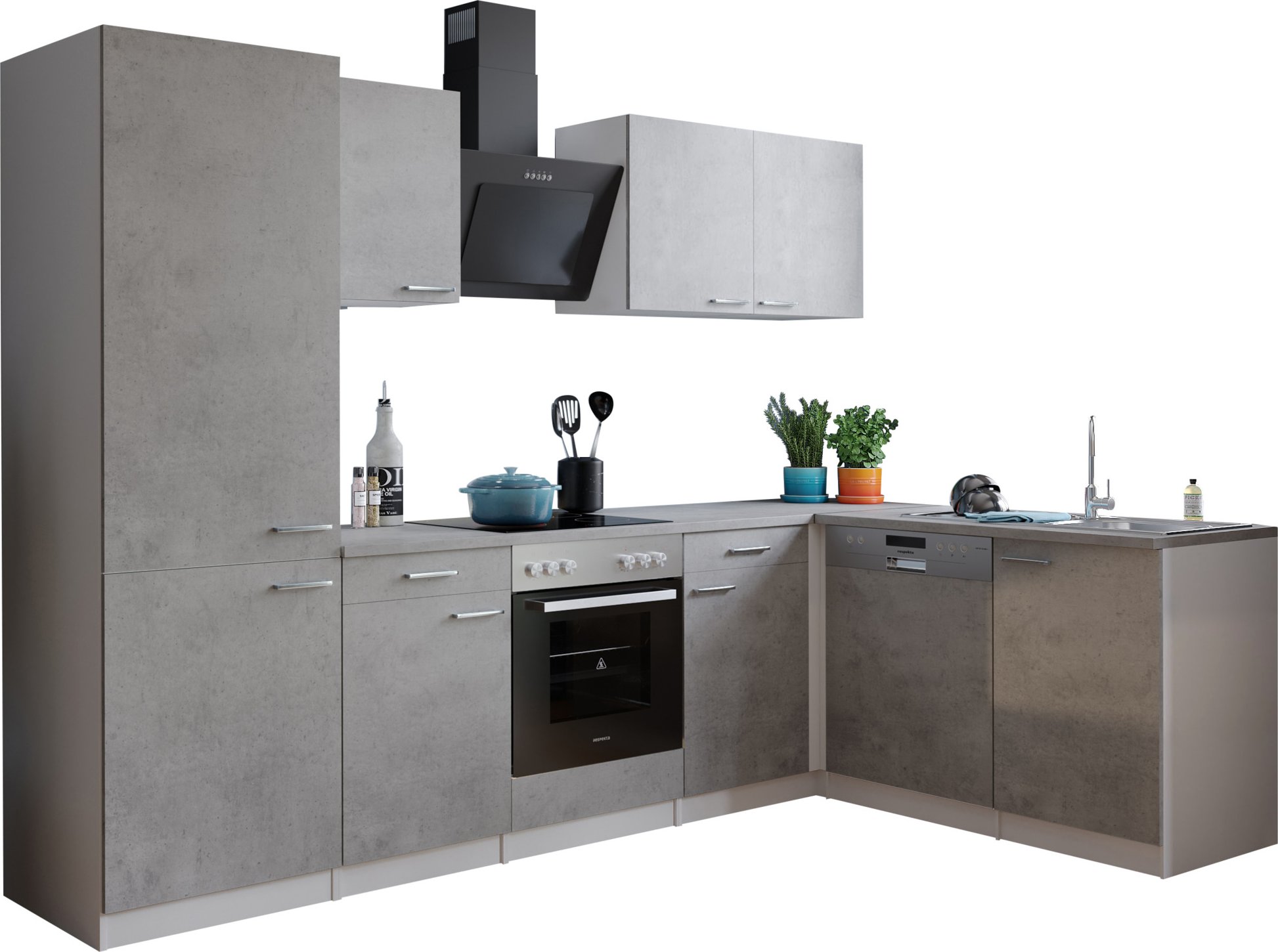 Respekta Malia Winkelküche (GlaskerKochf., KühlKombi, GSP, Beton, 280 x 172 cm)