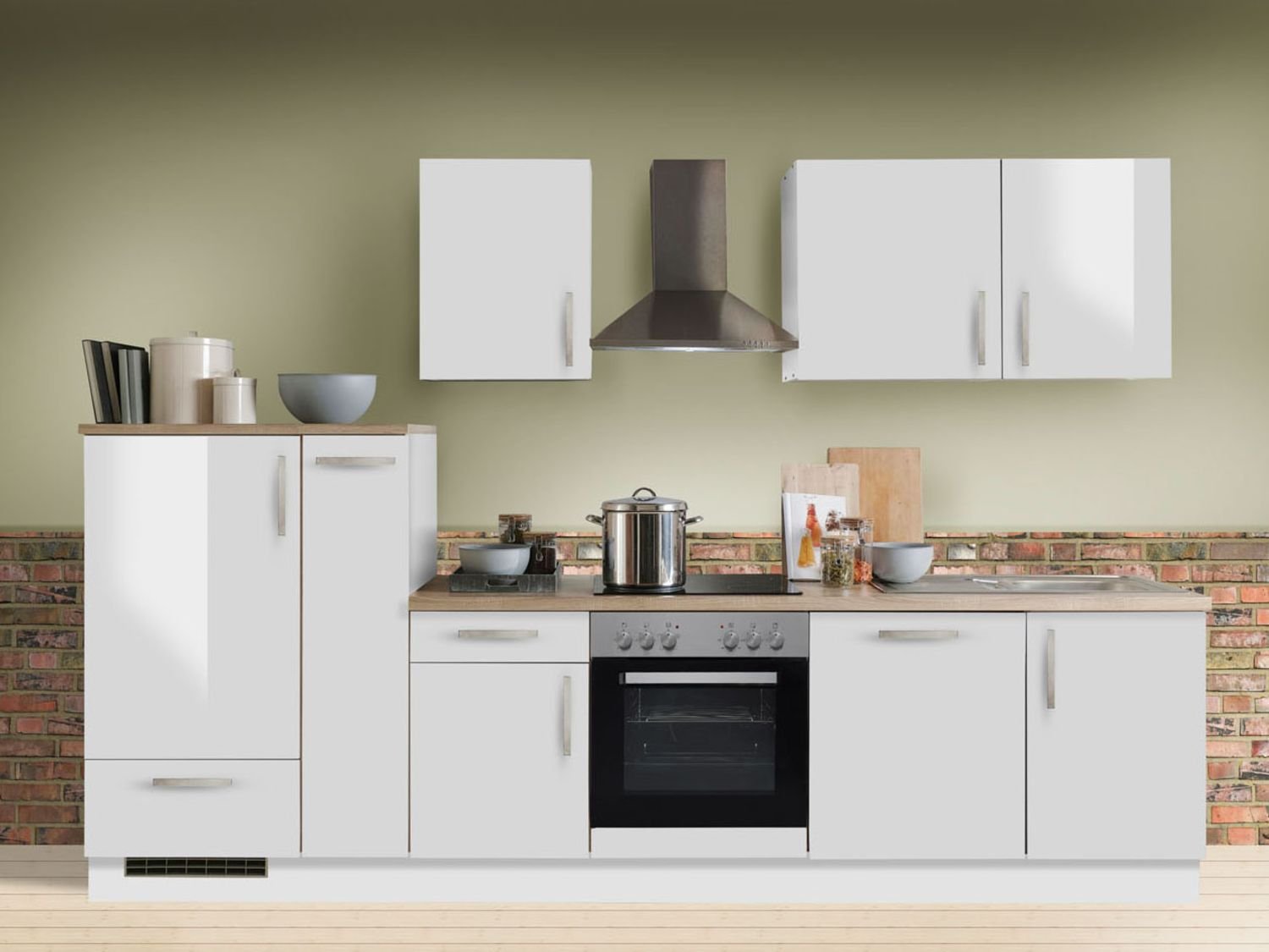 Menke Küchenblock Premium 270/280/300/310cm (mit Geschirrspüler, 310 cm / Weiss glanz, frei Verwendungsstelle)