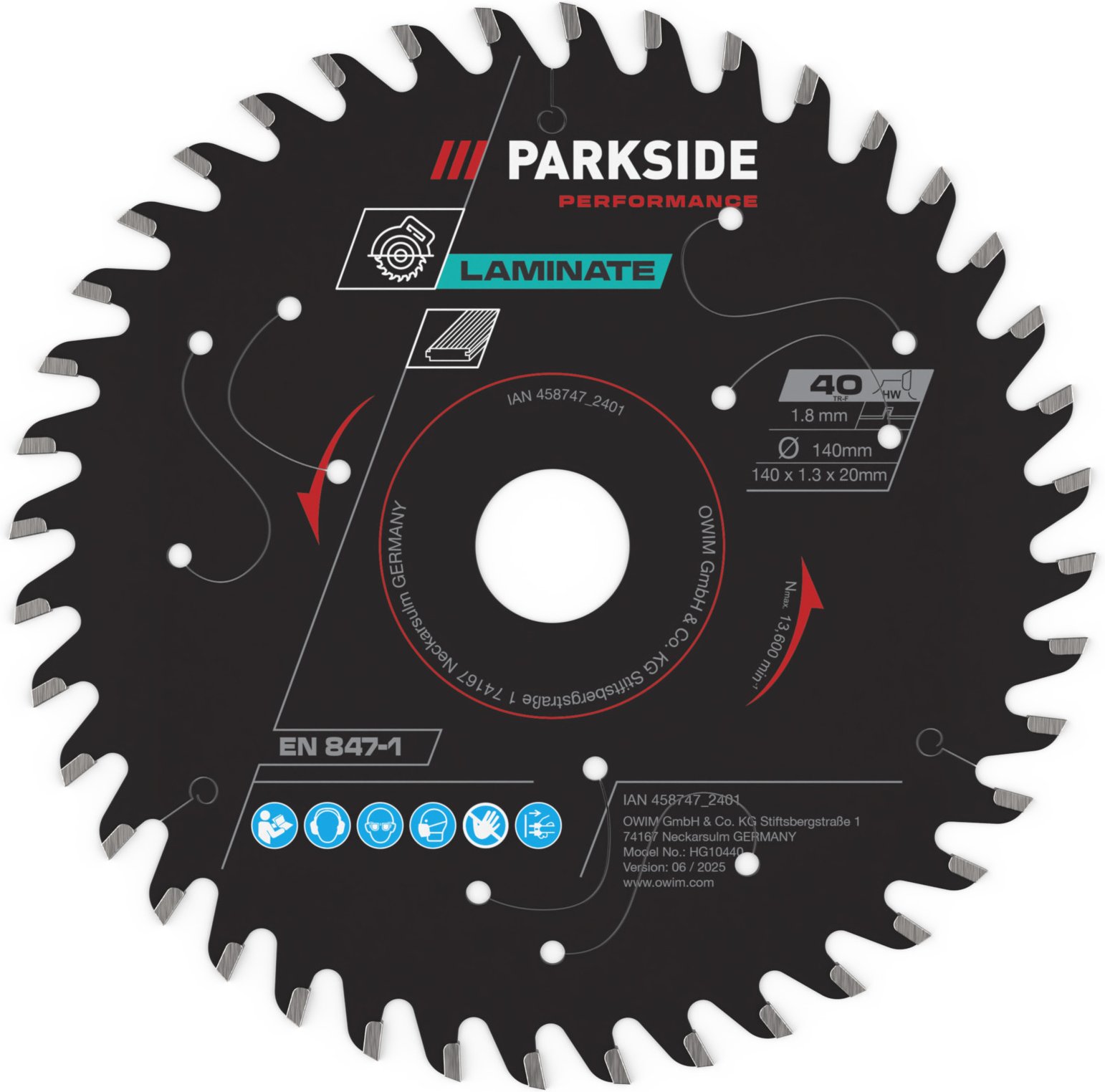 PARKSIDE PERFORMANCE® Holzsägeblatt / Aluminiumsägeblatt / Laminatsägeblatt, Ø 140 mm (Laminat/40 Zähne)