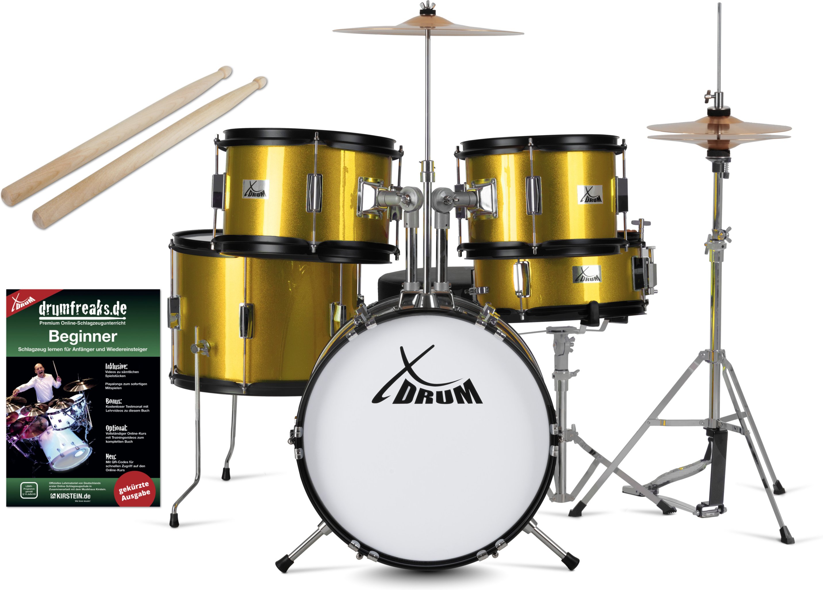 XDrum Junior Pro Kinder Schlagzeug (Gold Sparkle inkl. Schule)