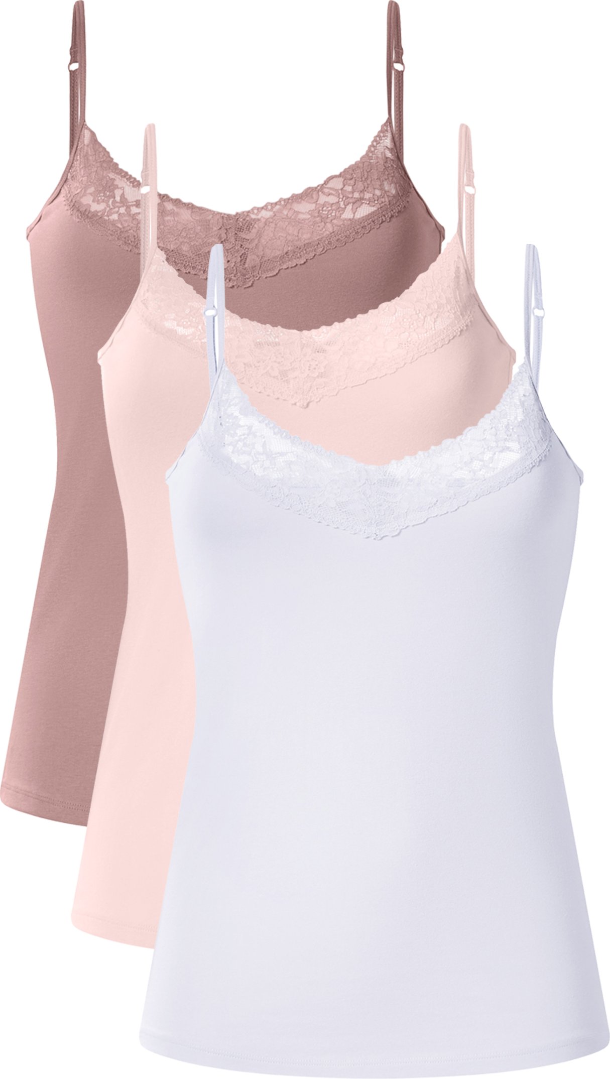esmara® Damen Spaghettiträgerhemd mit Spitze, 3 Stück (rosa/pink/weiß, L(44/46))
