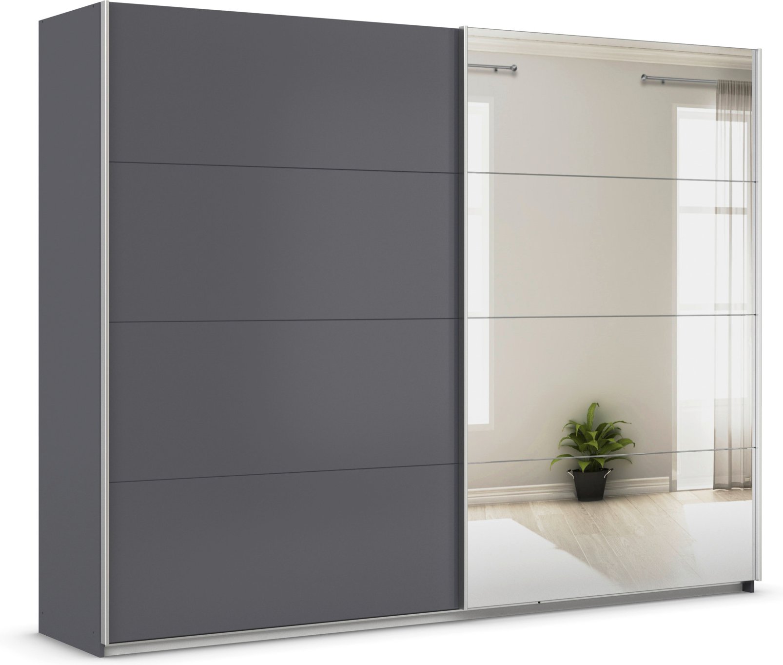 rauch ORANGE Quadra Schwebetürenschrank mit Spiegelelementen (Basic-Zubehör, Korpus: Graumetallic, 271 x 210 cm)