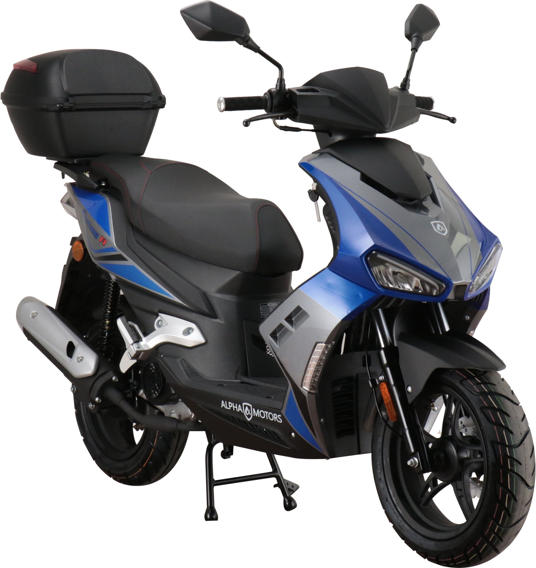 Alpha Motors Motorroller Mustang FI 50 ccm EURO 5 inkl. Topcase (blau-grau, 25 km/h)