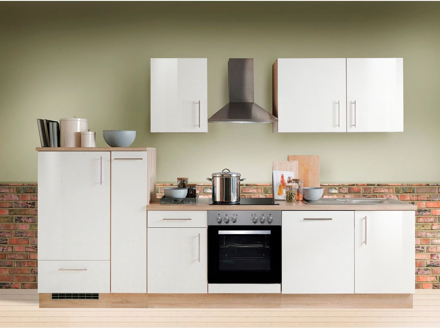 Menke Küchenblock Premium 270/280/300/310cm (mit Geschirrspüler, 310 cm / Weiss glanz, frei Verwendungsstelle)