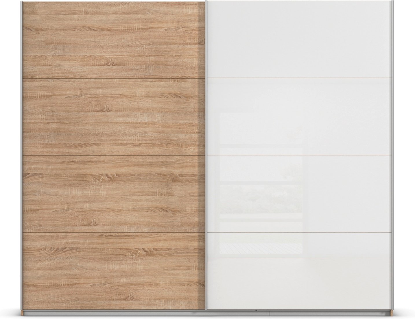 rauch ORANGE Quadra Schwebetürenschrank mit Glaselementen (Premium-Zubehör, Korpus:Eiche, Glas:Weiß, 271 x 230 cm)