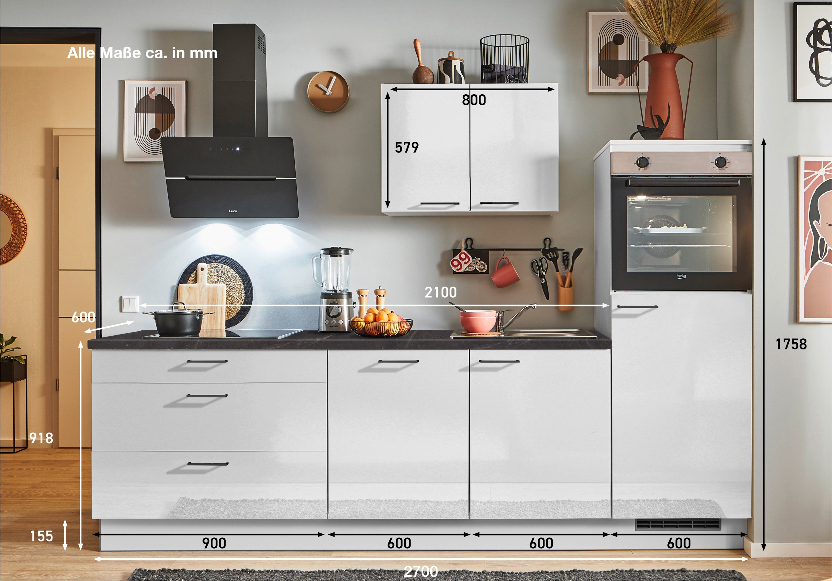 pino Küchen Küchenzeile, 270/280 cm, mit Elektrogeräten (Anschlag rechts, Lichtgrau Hochglanz, 270 cm)