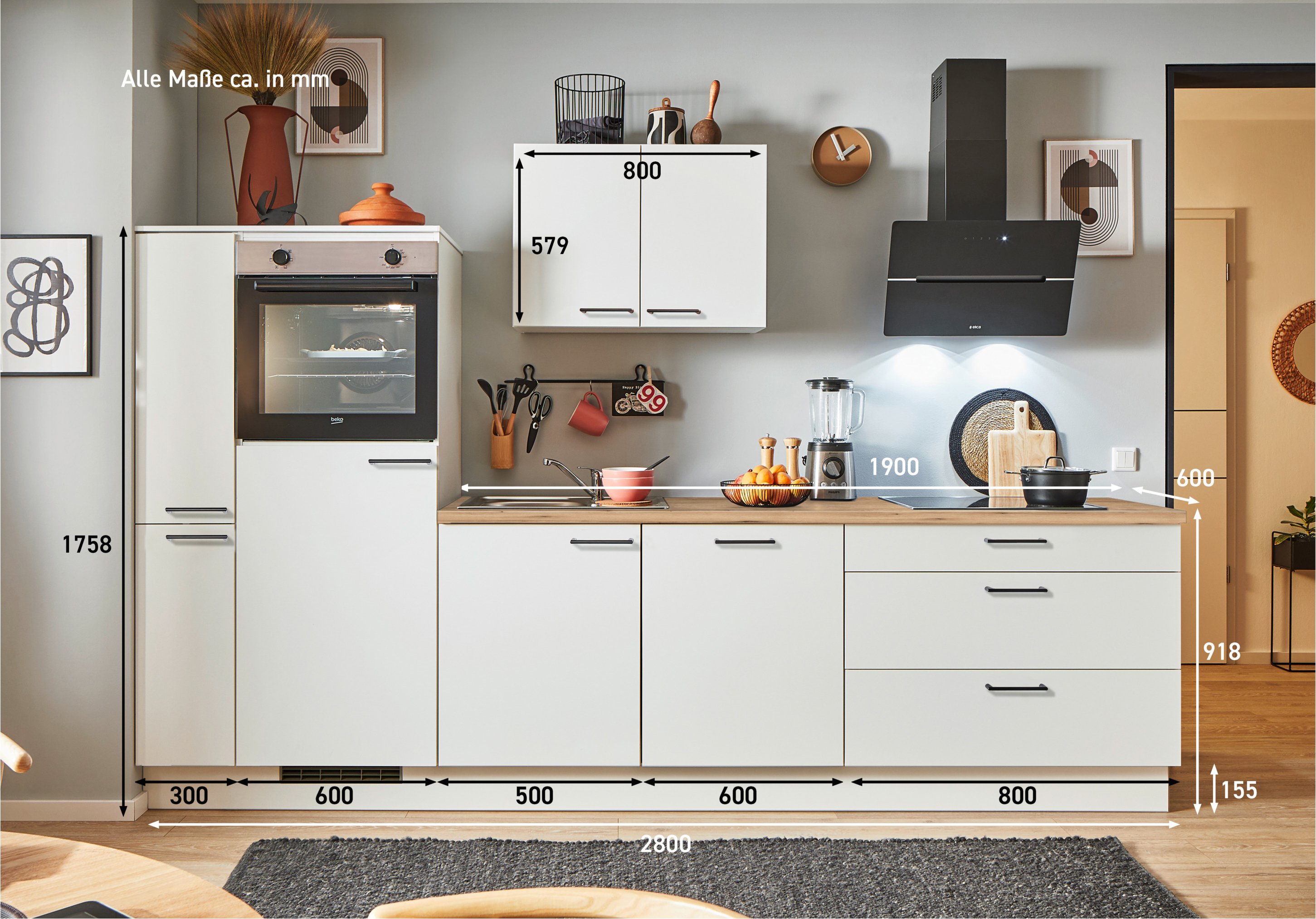 pino Küchen Küchenzeile, 270/280 cm, mit Elektrogeräten (Anschlag links, Weiß, 280 cm)