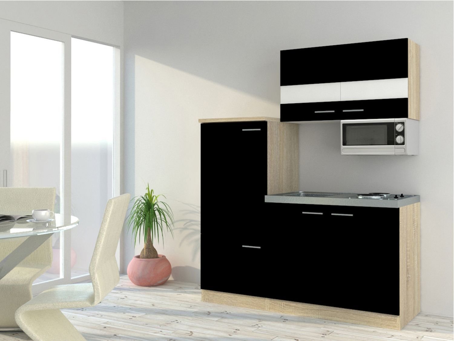 Respekta Singleküche Eiche Sonoma Sägerau 150/160/180cm (mit Mikrowelle, schwarz mit Kochmulde, Breite 160cm)