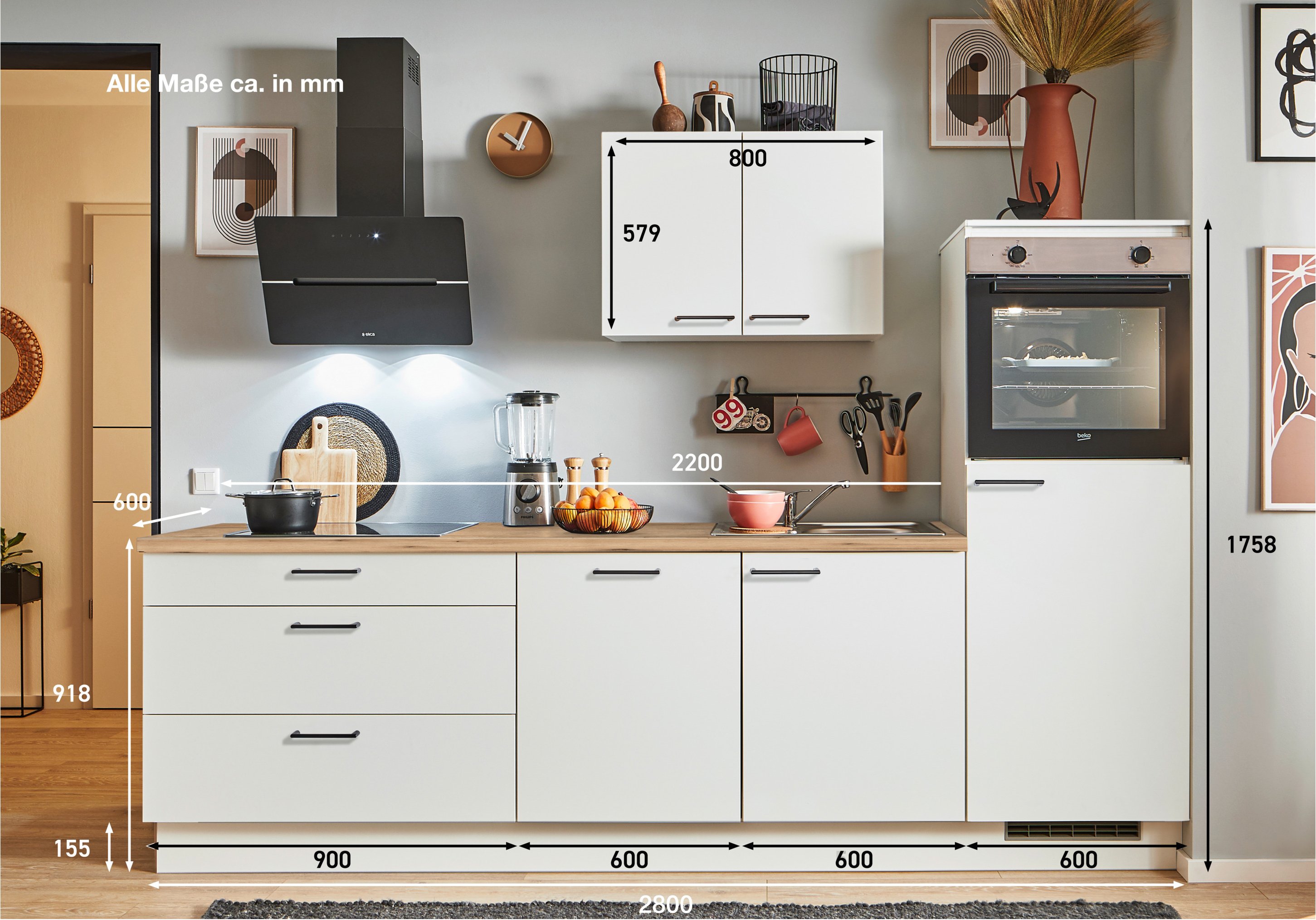 pino Küchen Küchenzeile, 270/280 cm, mit Elektrogeräten (Anschlag rechts, Weiß, 270 cm)