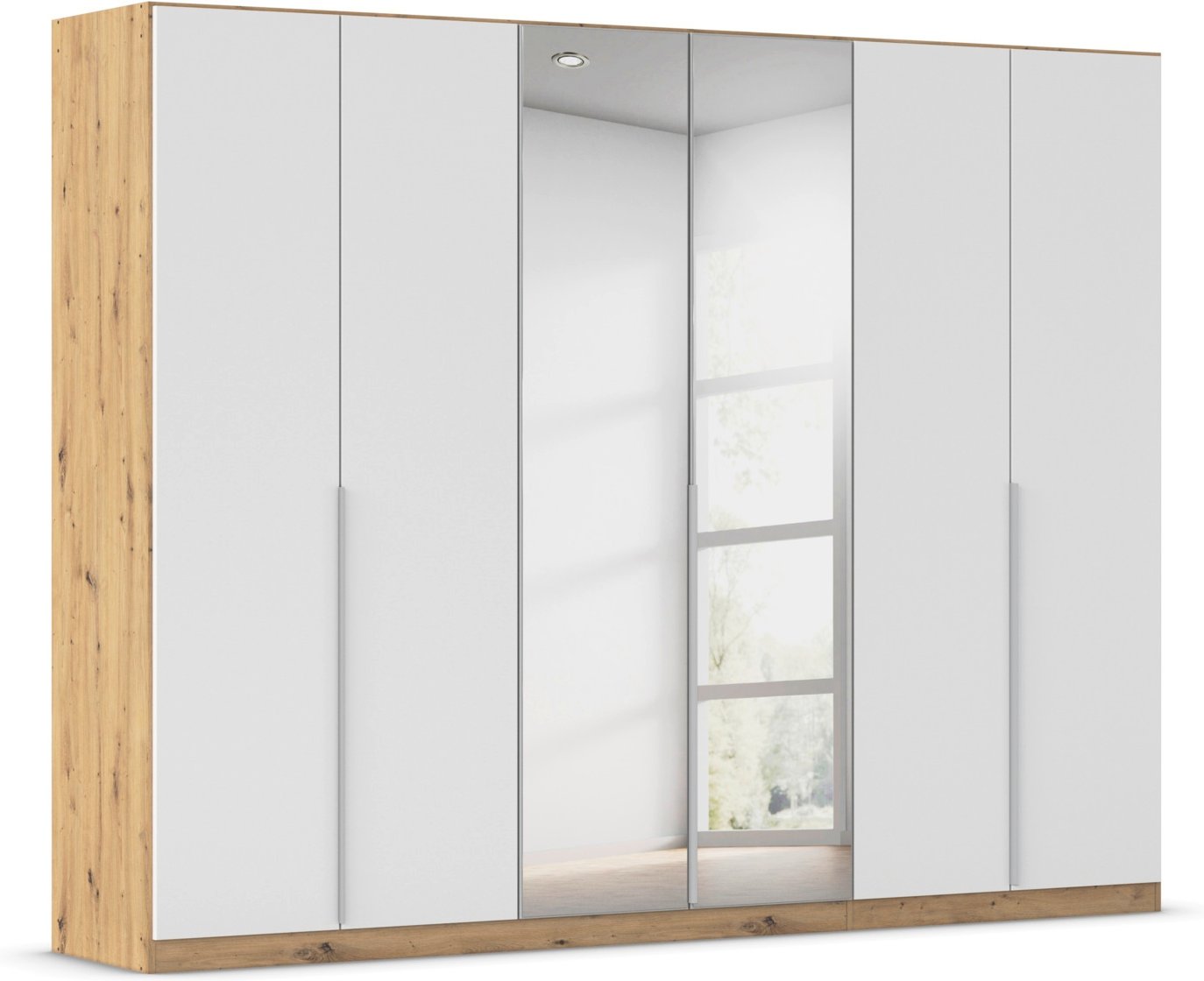 rauch ORANGE Drehtürenschrank Alabama mit Spiegel (Premium-Zubehör, Weiß/Eiche Artisan, Griffe Alu, 271 x 210 cm)