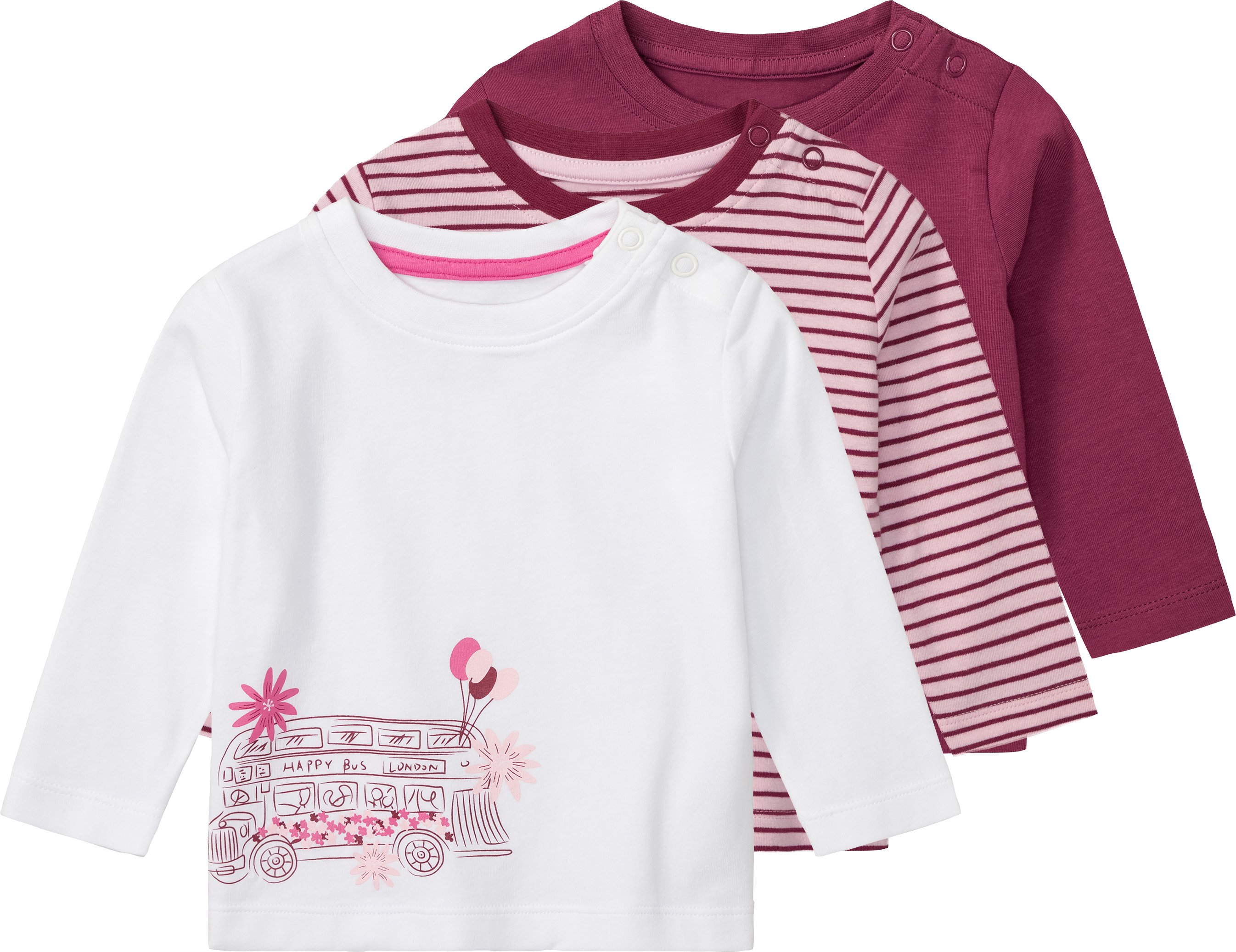 lupilu® Baby Langarmshirt, 3 Stück (50/56, bordeaux/weiß)