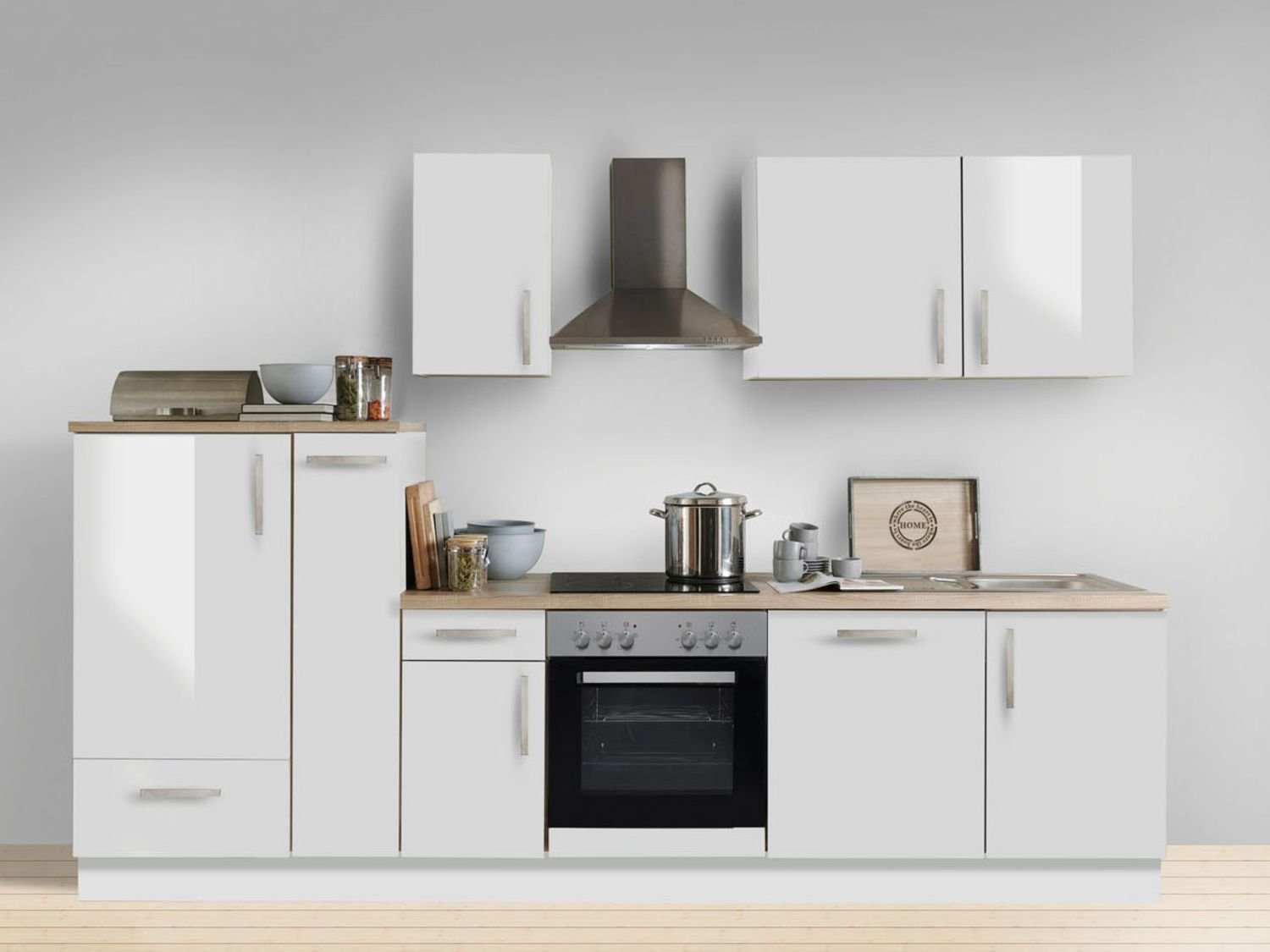 Menke Küchenblock Premium 270/280/300/310cm (mit Geschirrspüler, 300 cm / Weiss glanz, Frei Bordsteinkante)