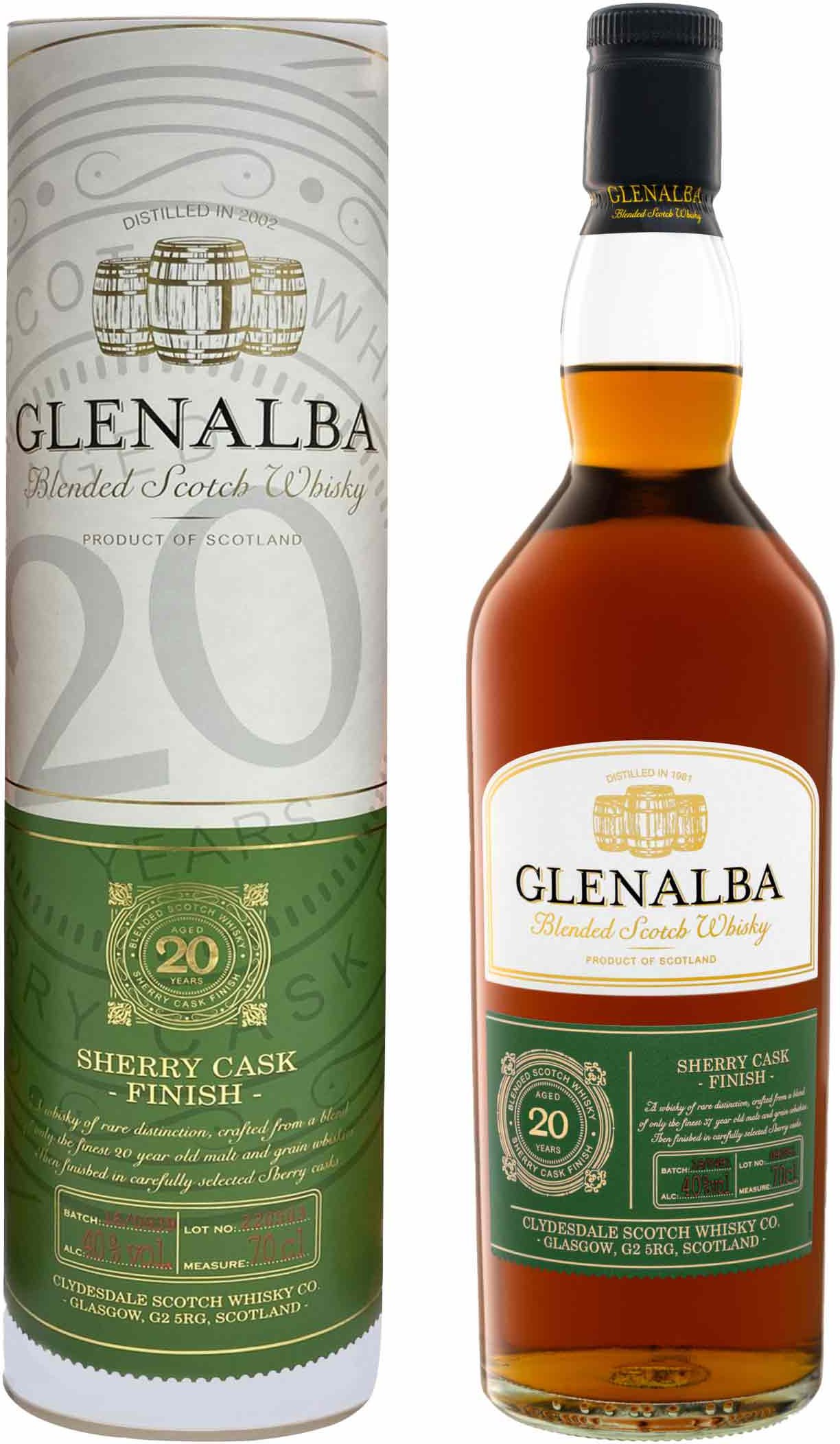 Glenalba Blended Scotch Whisky Sherry Cask Finish 20 Jahre mit Geschenkbox 40% Vol