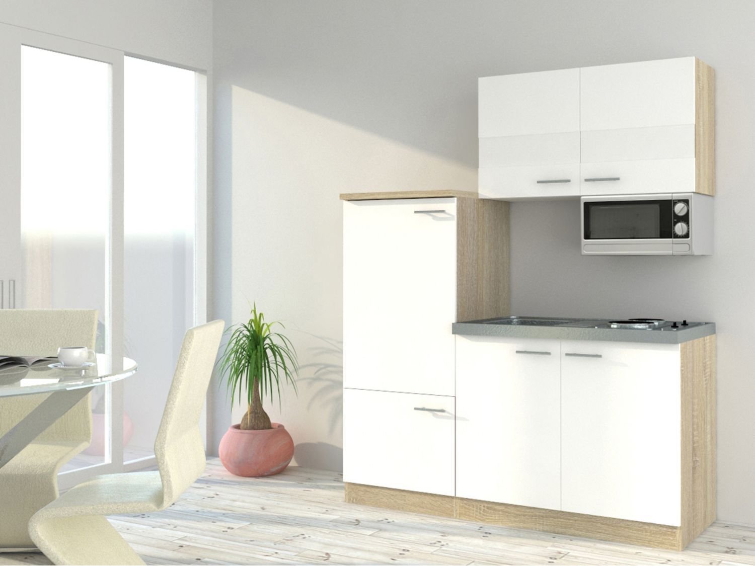 Respekta Singleküche Eiche Sonoma Sägerau 150/160/180cm (mit Mikrowelle, weiß mit Kochmulde, Breite 160cm)