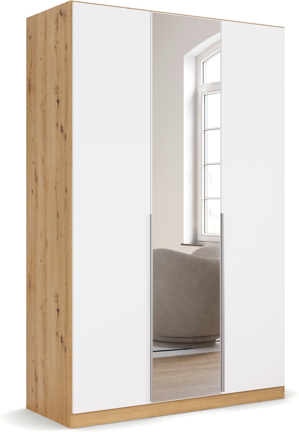 rauch ORANGE Drehtürenschrank Alabama mit Spiegel (Premium-Zubehör, Weiß/Eiche Artisan, Griffe Alu, 136 x 210 cm)