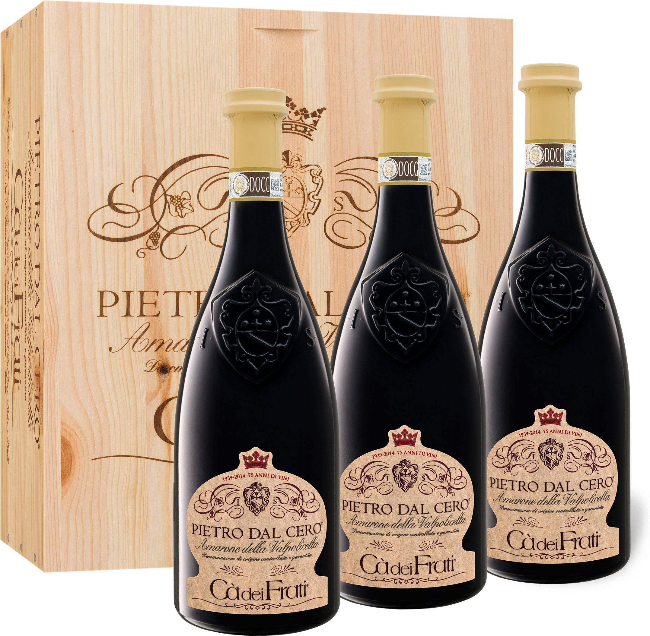 3 x 0,75-l-Flasche Cà dei Frati Pietro Dal Cero Amarone Della Valpolicella DOCG trocken, Rotwein 2017 - mit Holzkiste