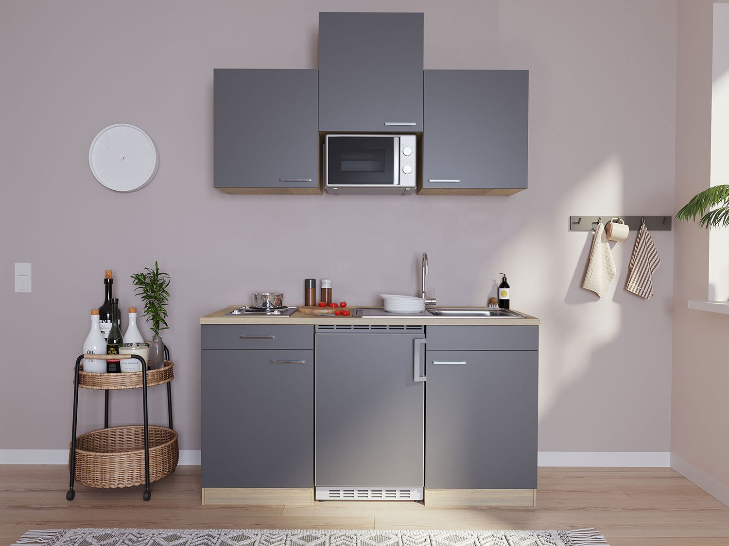 Respekta Singleküche Eiche Sonoma Sägerau 150/160/180cm (mit Mikrowelle, grau mit Kochmulde, Breite 150cm)