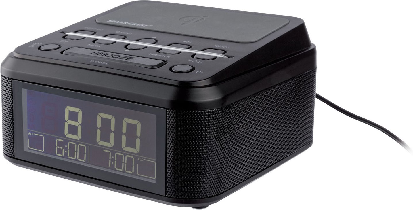 SILVERCREST® Uhrenradio mit Qi Ladung 2x4W USB (Schwarz)