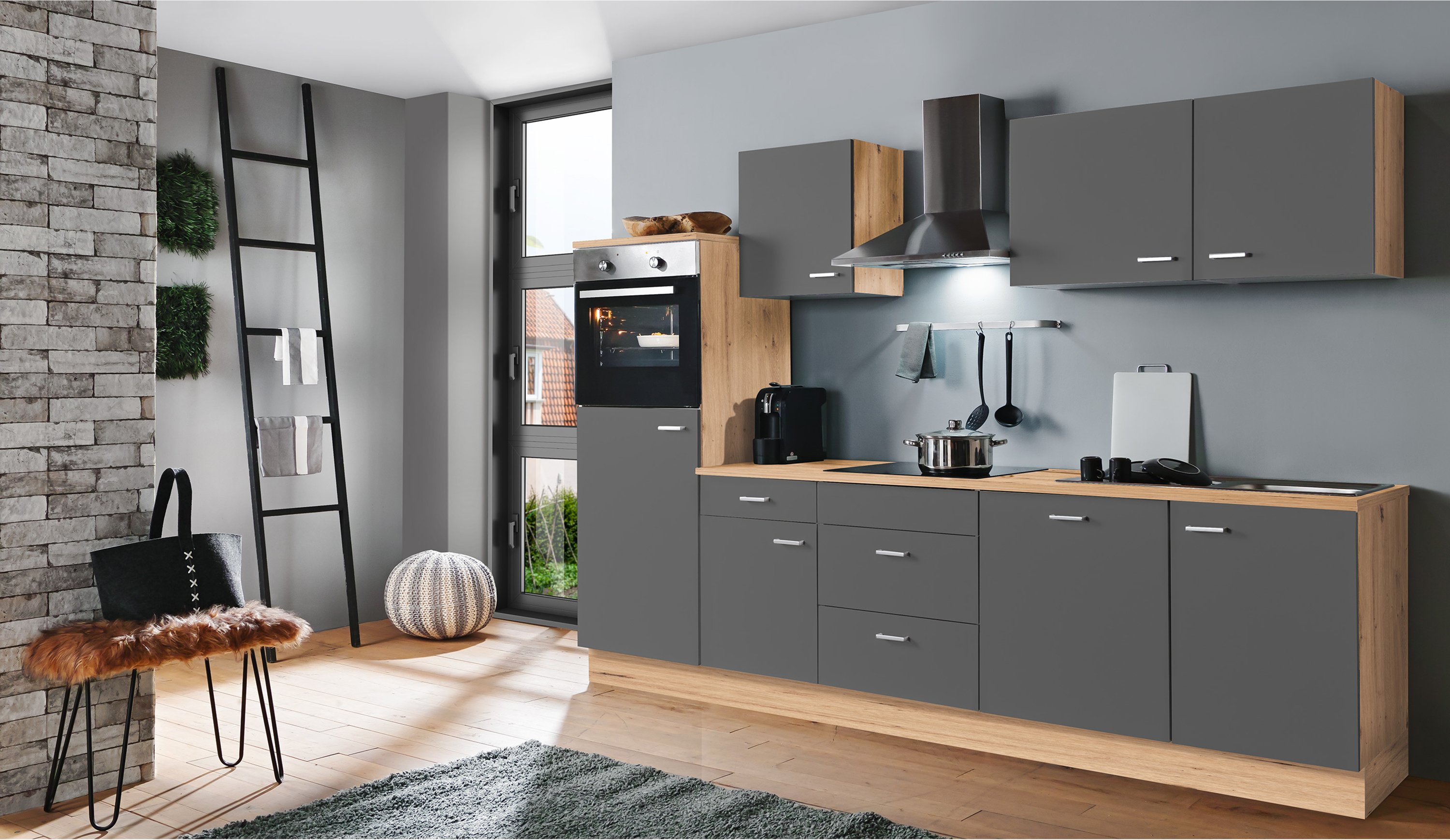 Menke Küchenblock Artisan Classic, Autarker Backofen, 280 cm, mitGeschirrspüler (Graphite, frei Verwendungsstelle)