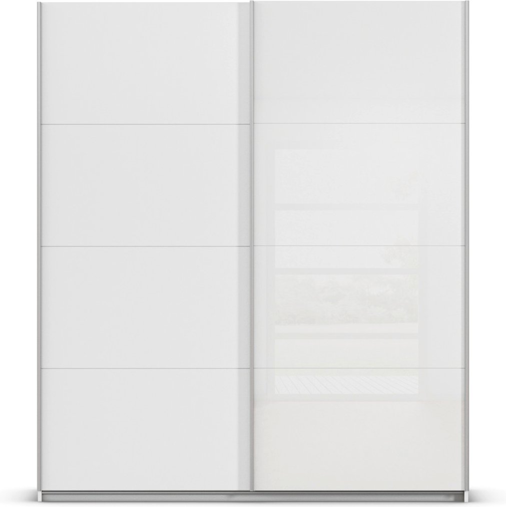 rauch ORANGE Quadra Schwebetürenschrank mit Glaselementen (Premium-Zubehör, Korpus:Weiß, Glas:Weiß, 181 x 210 cm)