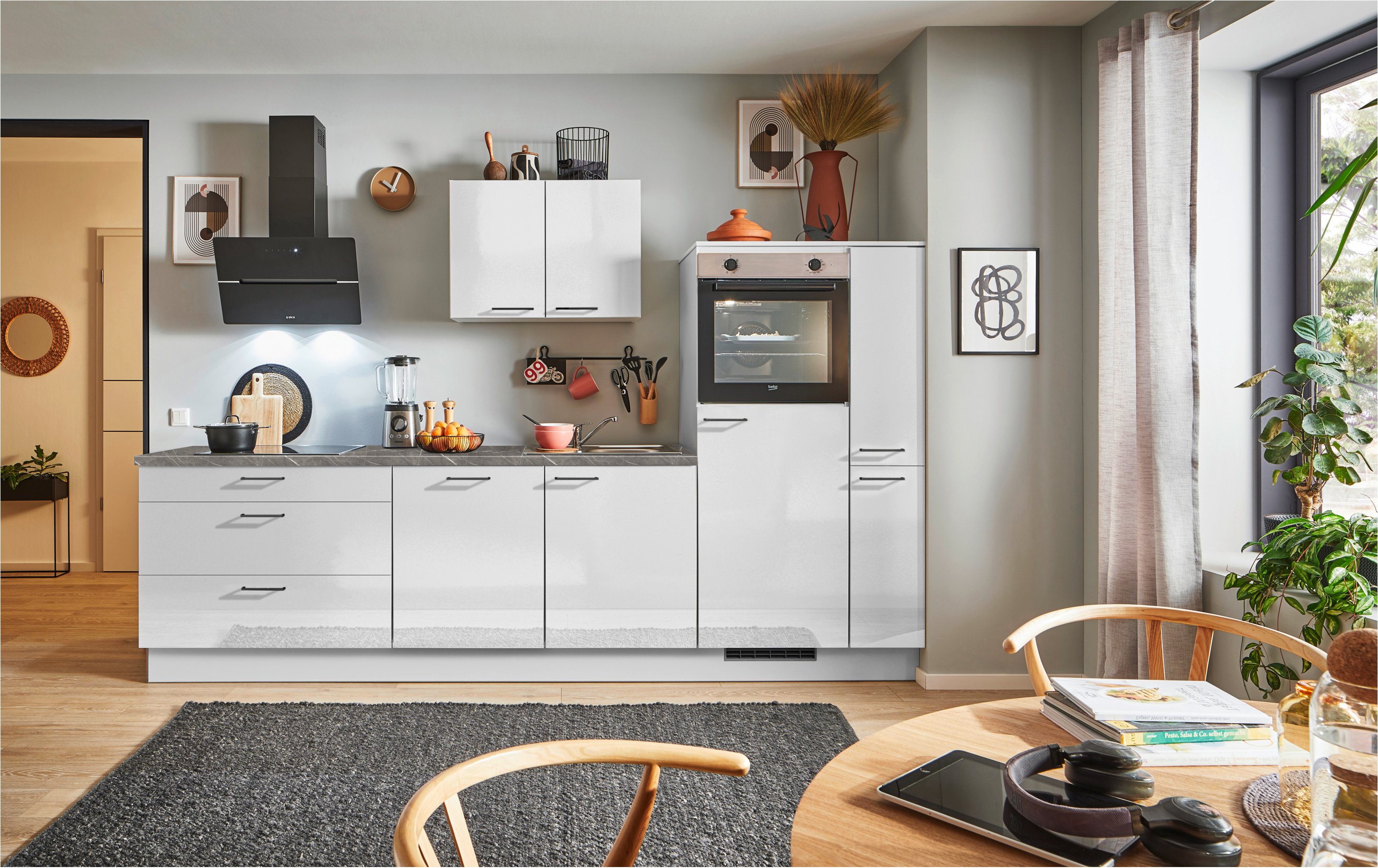 Pinolino Küchenzeile, 270/280 cm, mit Elektrogeräten (Anschlag rechts, Lichtgrau Hochglanz, 280 cm)