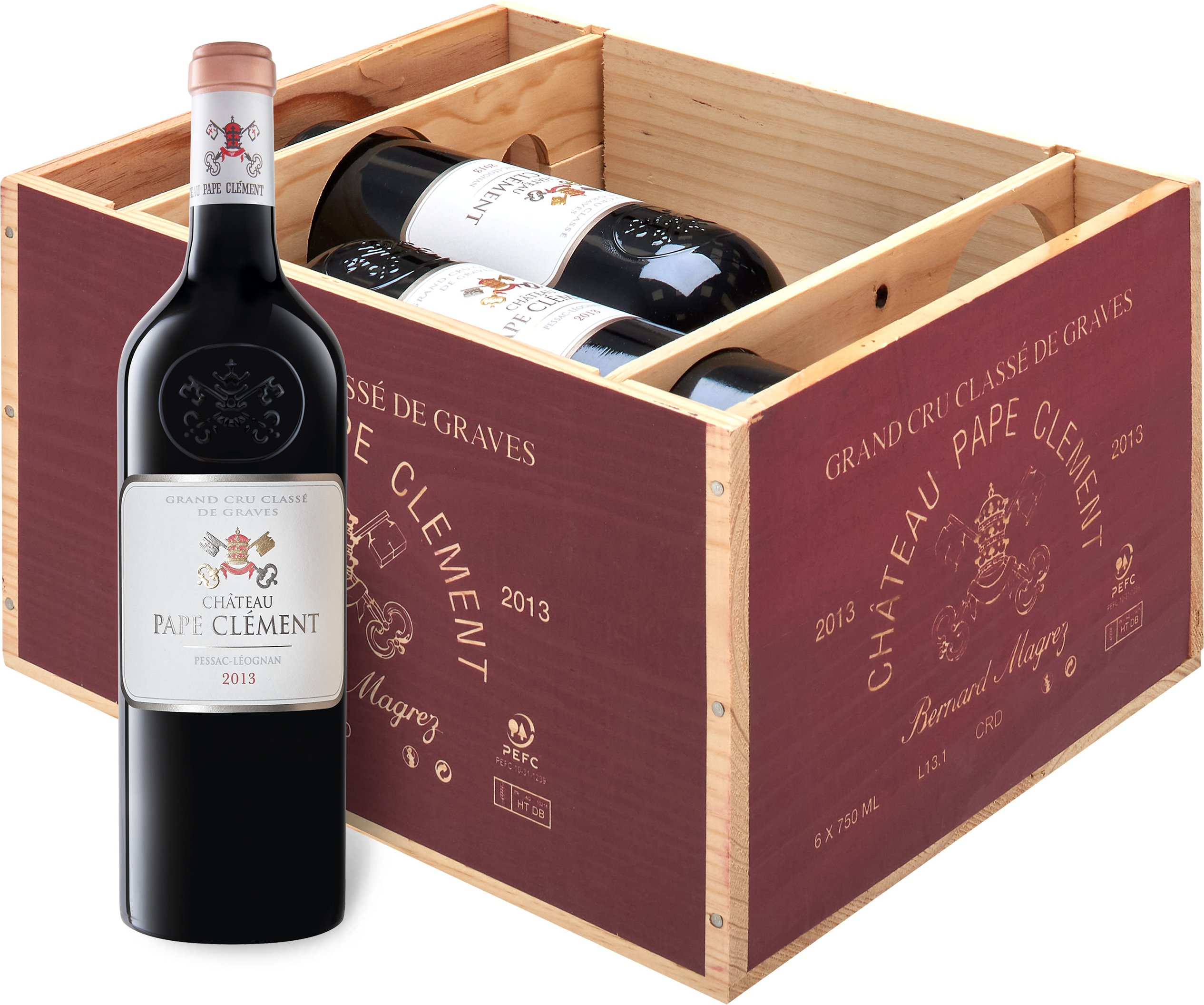 Thumbnail - 6 x 0,75-l-Flasche Château Pape Clement Pessac-Léognan AOP trocken, Rotwein 2013 - Original-Holzkiste