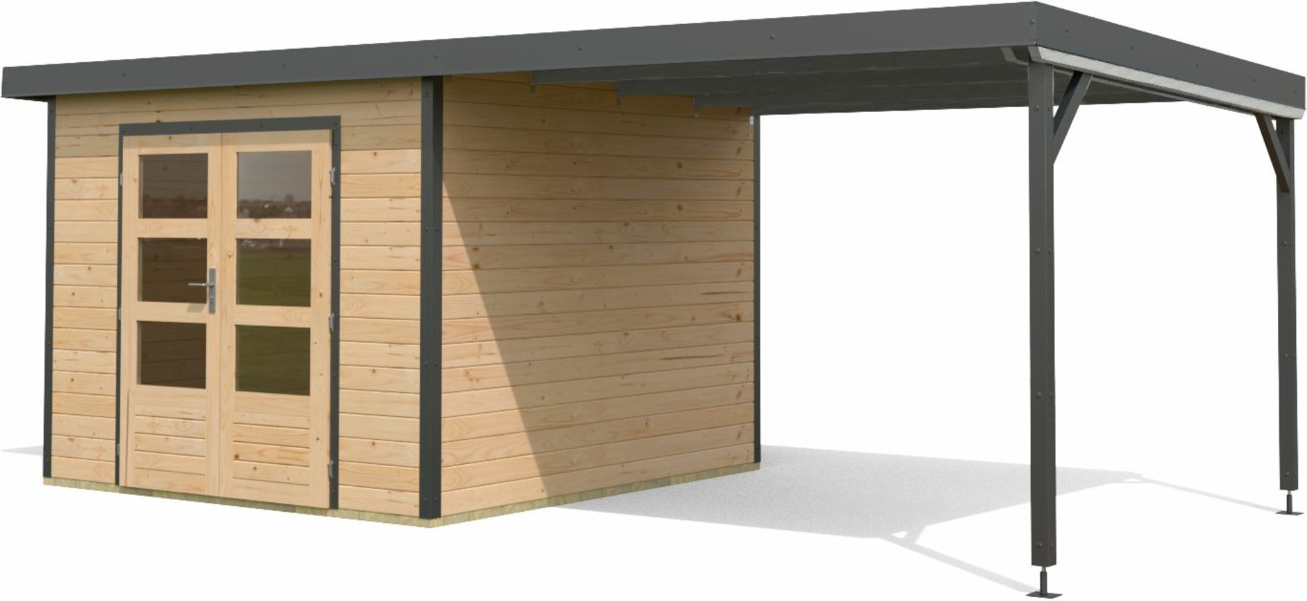 Karibu Gartenhaus Premium Hybrido (mit Anbaudach, Natur/Anthrazit)