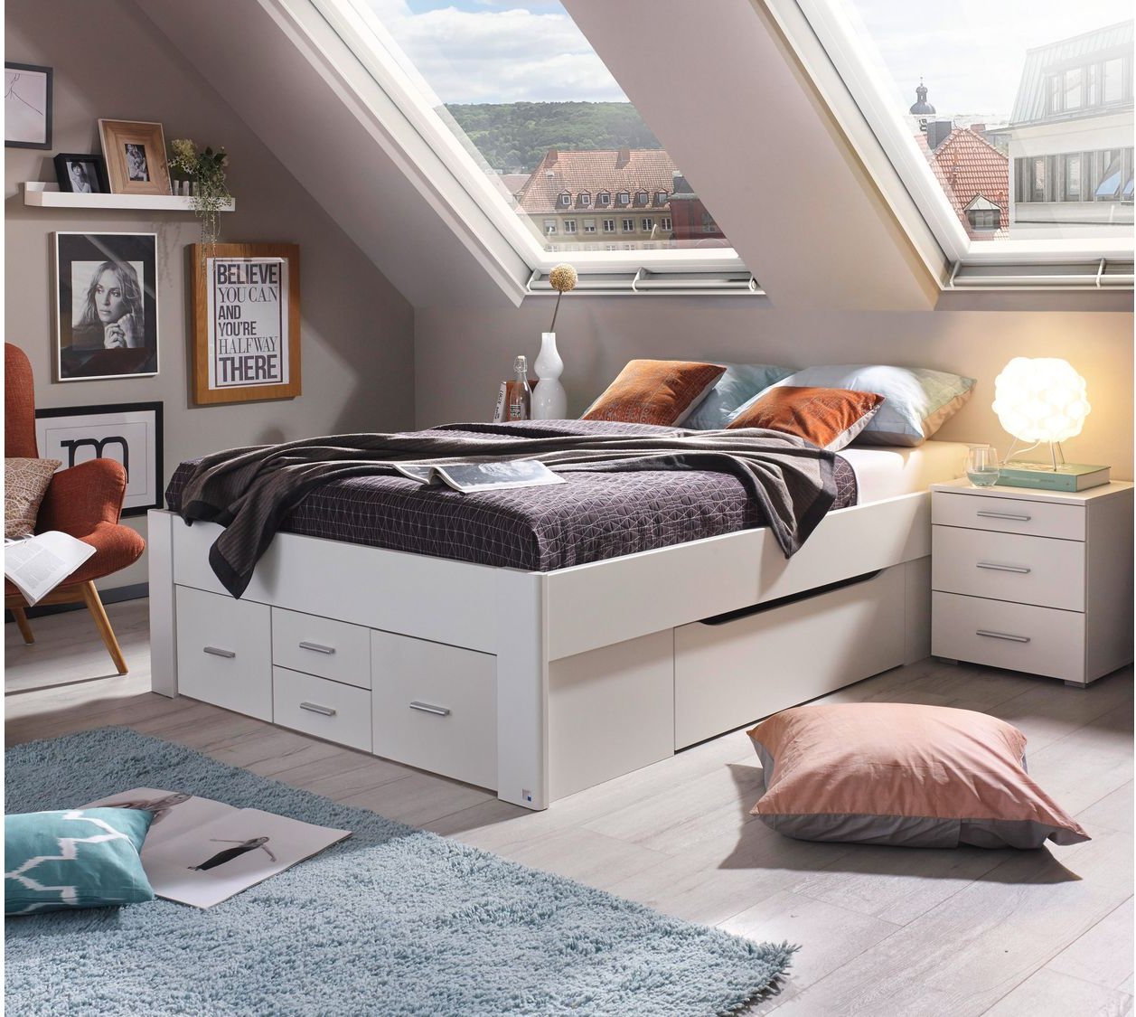 rauch ORANGE Scala - Futonbett (ohne Kopfteil, 6 Schubkästen, Alpinweiß, 140x200cm)