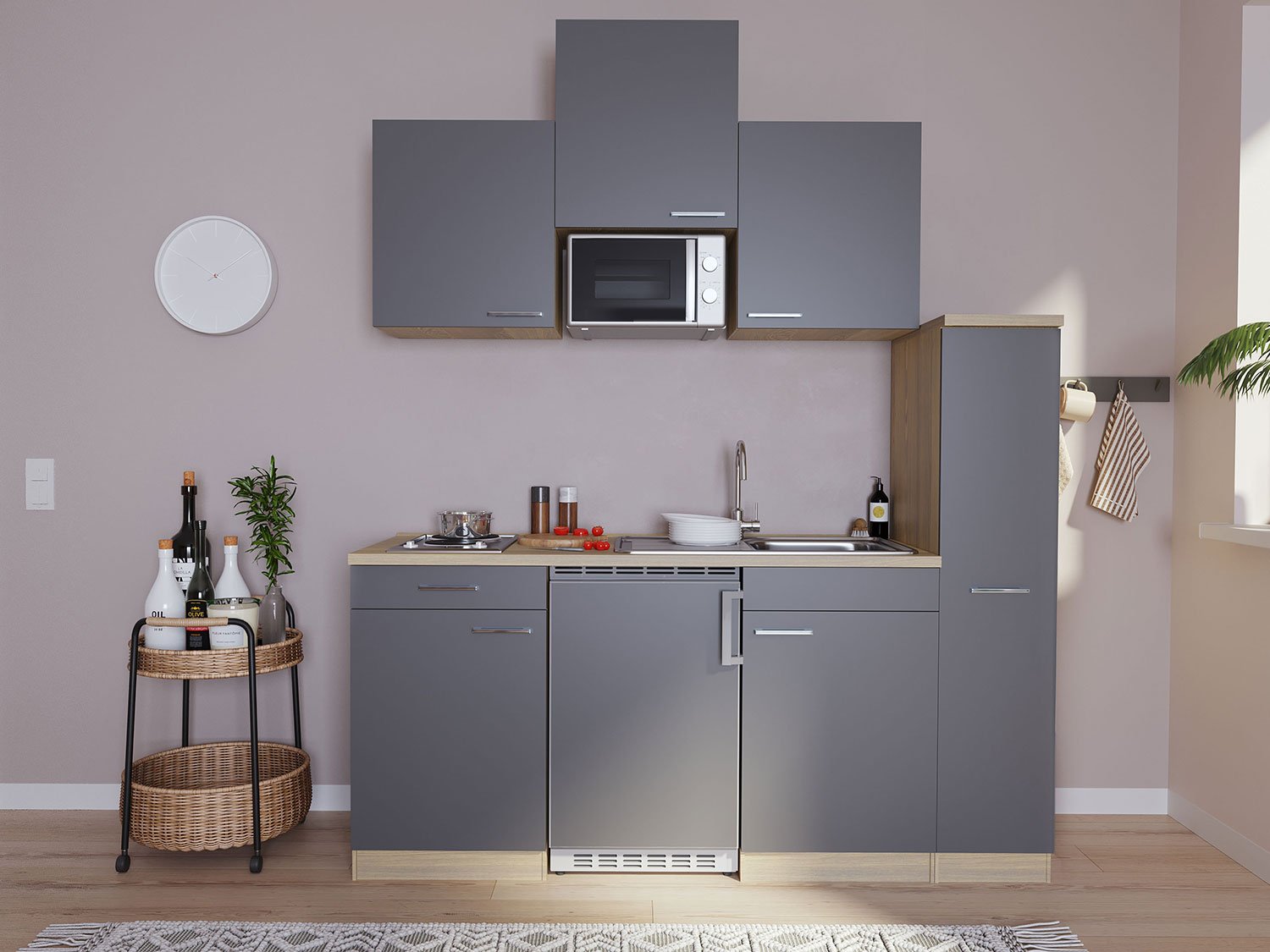 Respekta Singleküche Eiche Sonoma Sägerau 150/160/180cm (mit Mikrowelle, grau mit Kochmulde, Breite 180cm)