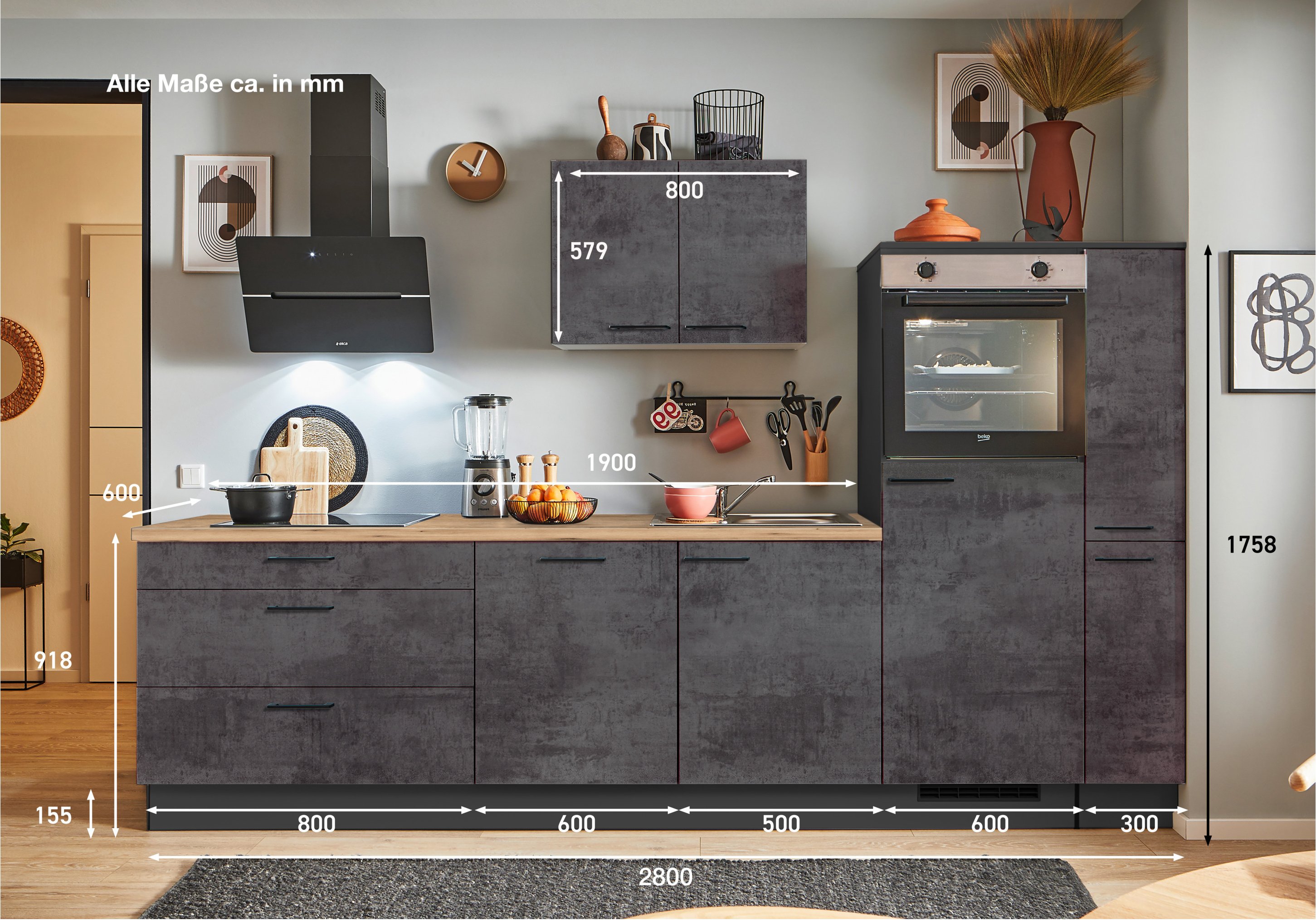 pino Küchen Küchenzeile, 270/280 cm, mit Elektrogeräten (Anschlag rechts, Beton Grafitgrau, 280 cm)