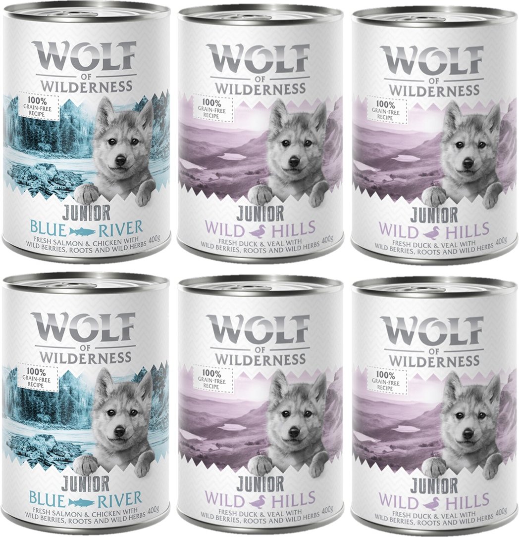 Wolf of Wilderness JUNIOR - Mixpaket - 6 x 400 g: 4x Ente & Kalb, 2x Huhn & Lachs